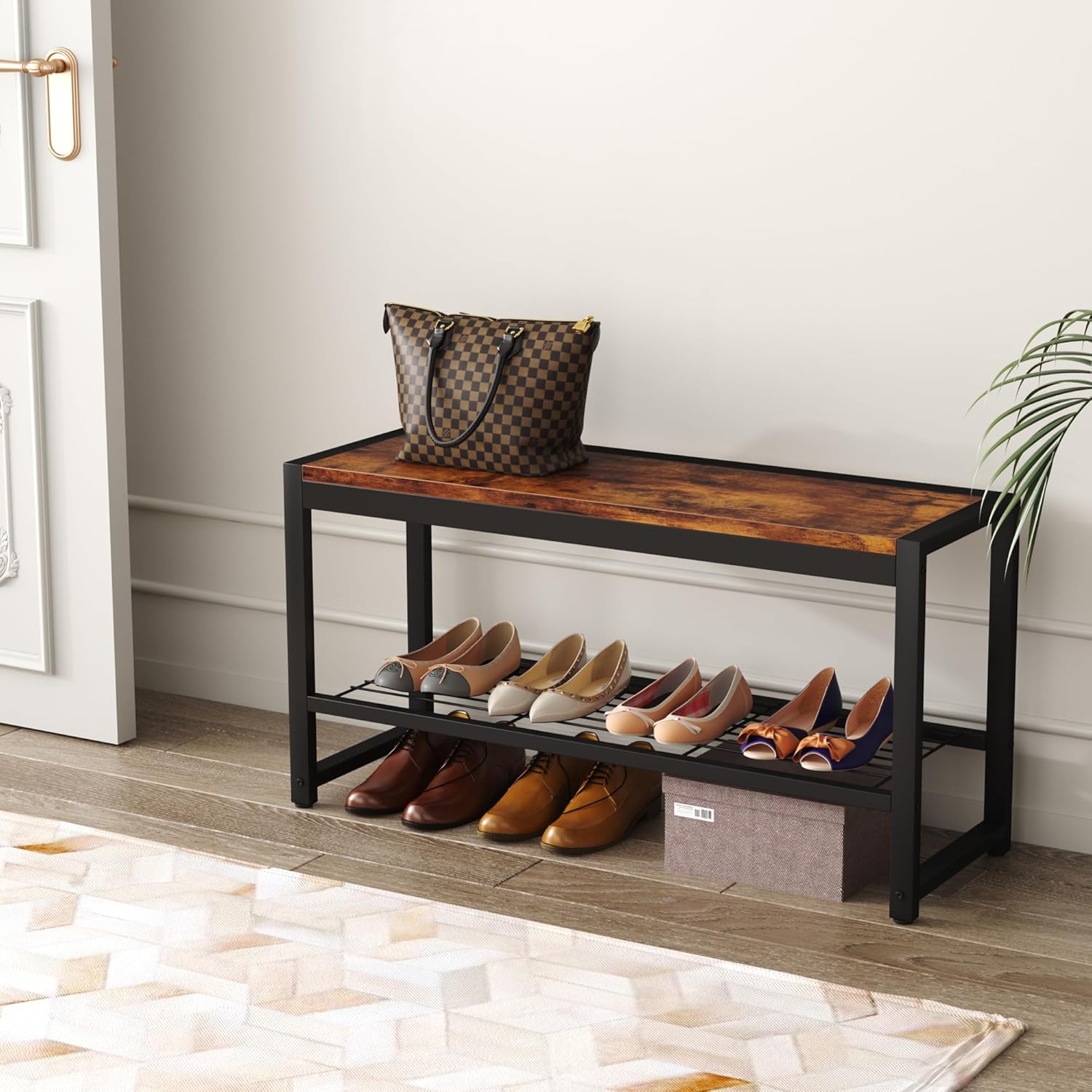 HOMEFORT Shoe Bench, Modern Industrial Shoe Storage Bench, Entryway Bench with Mesh Shelf and Sturdy Metal Frame, Metal Shoe Rack Bench for Hallway, Mudroom, Living Room, Rustic Brown
