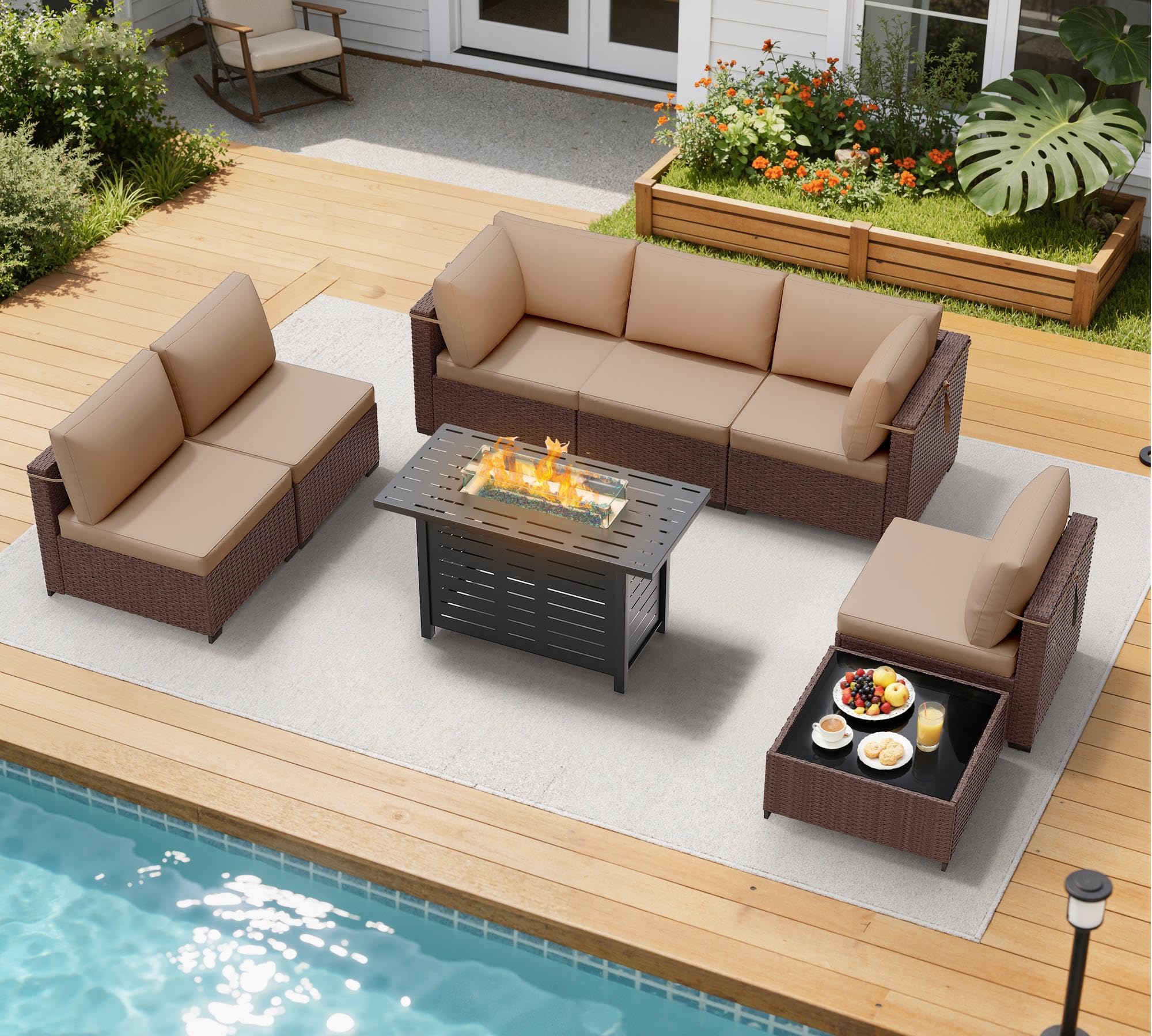 LOUVIXA 7 Piece Outdoor Patio Furniture Set, Rattan Chairs Glass Table Wicker Conversation Seating Sectional Sofa with Cushions (Brown-Navy, 7Pcs-2 Layer Coffee Table)