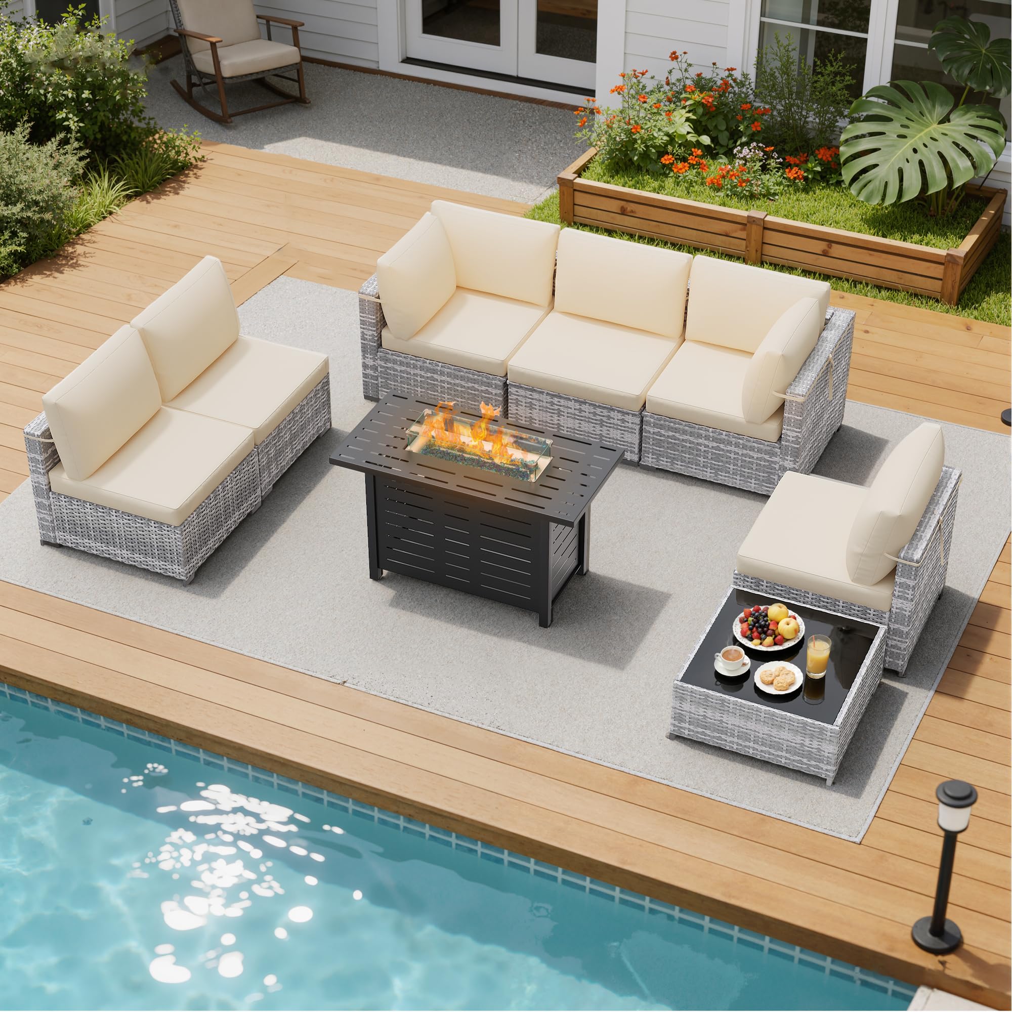 LOUVIXA 7 Piece Outdoor Patio Furniture Set, Rattan Chairs Glass Table Wicker Conversation Seating Sectional Sofa with Cushions (Brown-Navy, 7Pcs-2 Layer Coffee Table)