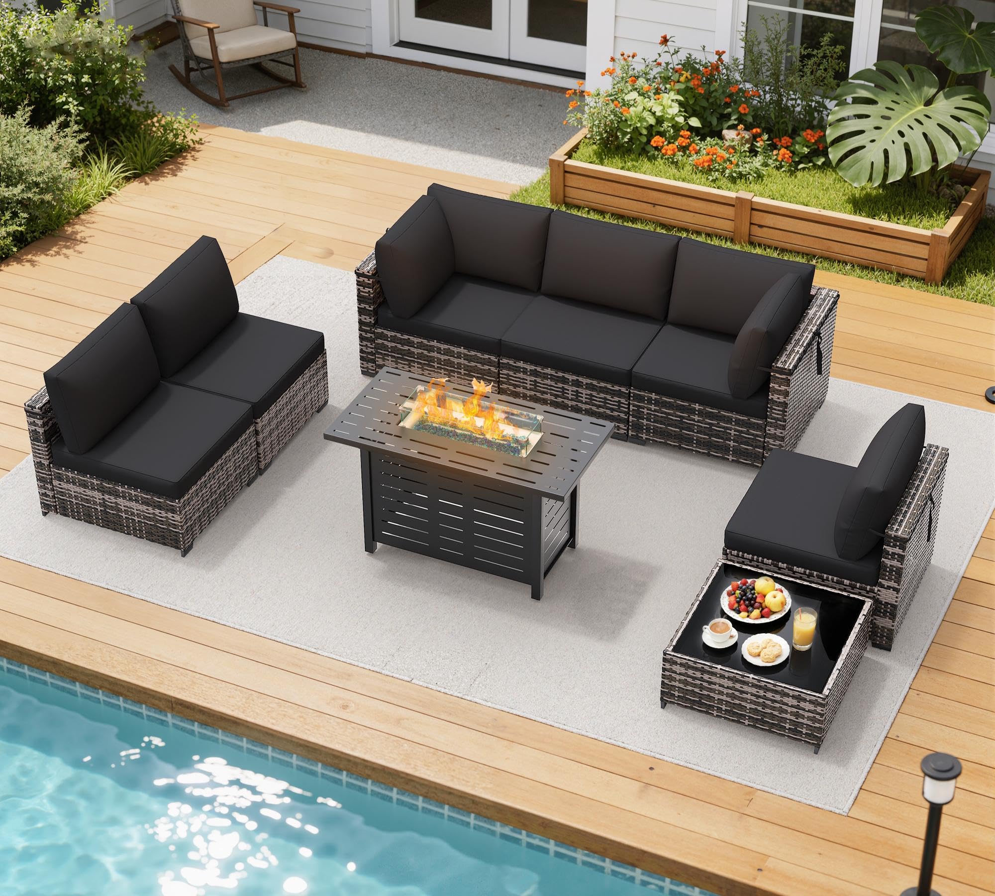 LOUVIXA 7 Piece Outdoor Patio Furniture Set, Rattan Chairs Glass Table Wicker Conversation Seating Sectional Sofa with Cushions (Brown-Navy, 7Pcs-2 Layer Coffee Table)