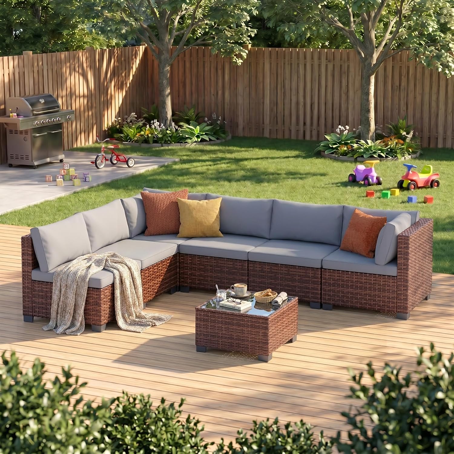 Grey 7-Piece PE Rattan Patio Furniture Set
