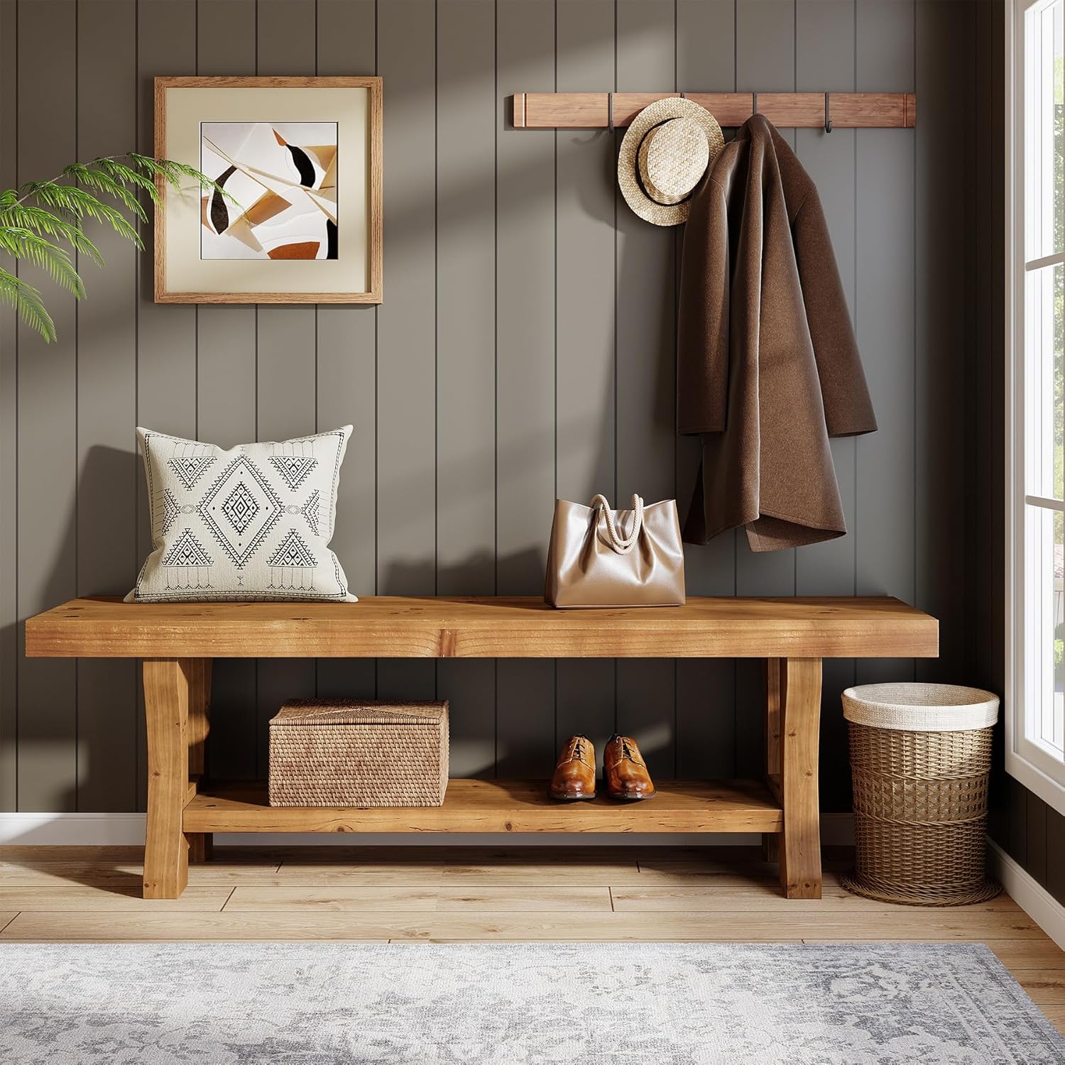 Brown Solid Wood Entry & Bed Bench