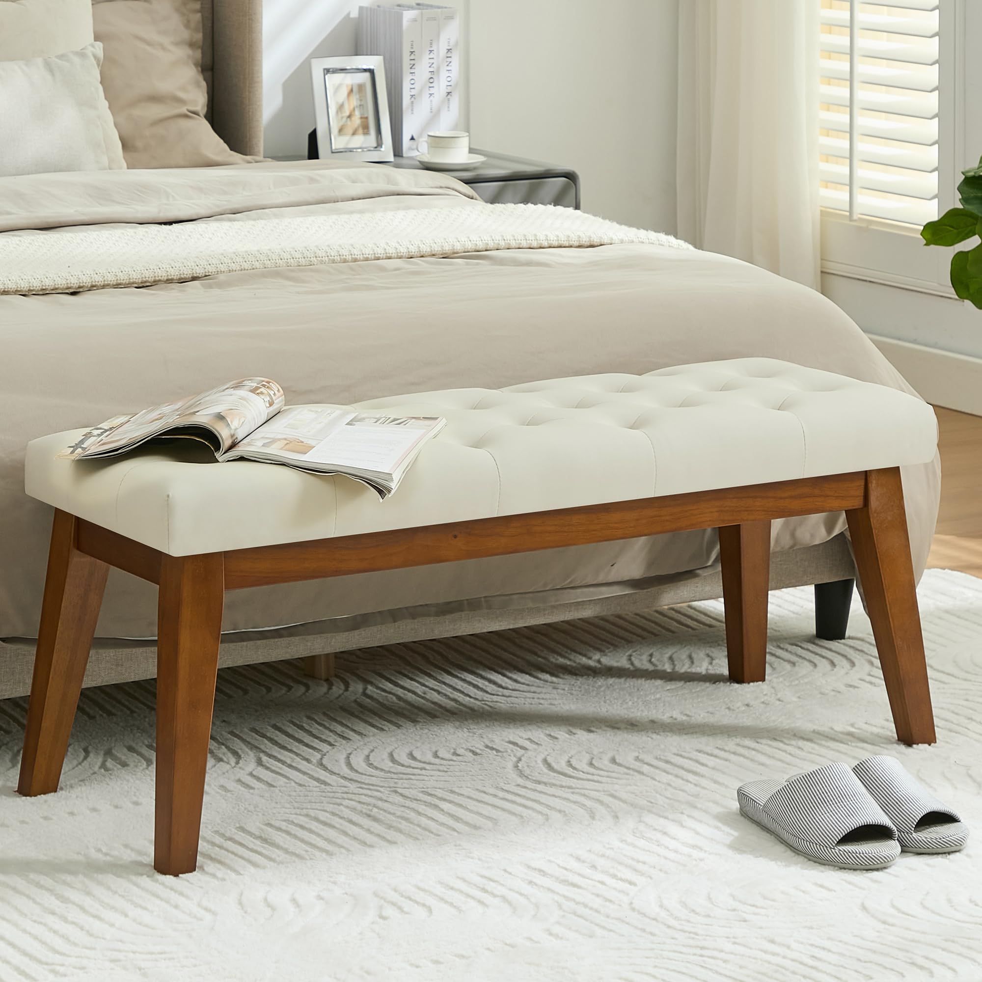 WUTUTUEE 43.5'' Linen Bedroom Bench, Upholstered End of Bed Bench, Padded Vintage Dining Bench, Entryway Bench with Solid Wood Legs, Kitchen, Living Room, Hallway, White
