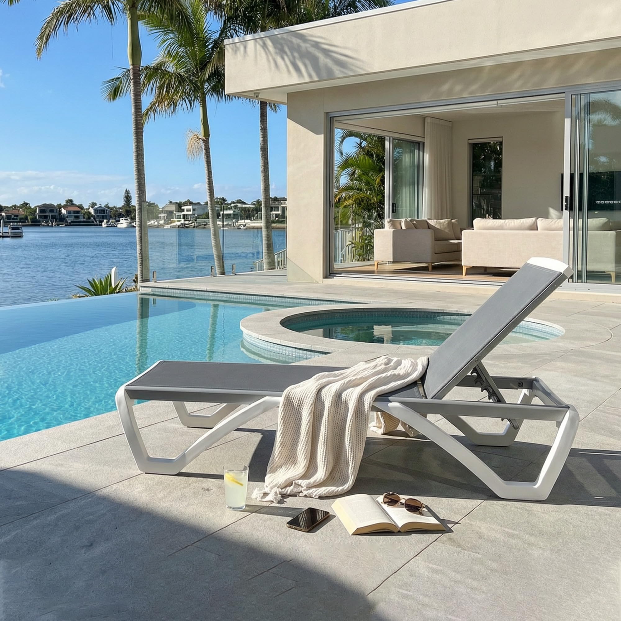 PURPLE LEAF Patio Chaise Lounge Chair with Armrests Outside Aluminum Plastic Stackable Tanning Chairs for Pool Sunbathing Beach Deck Outdoor Lounger, Khaki