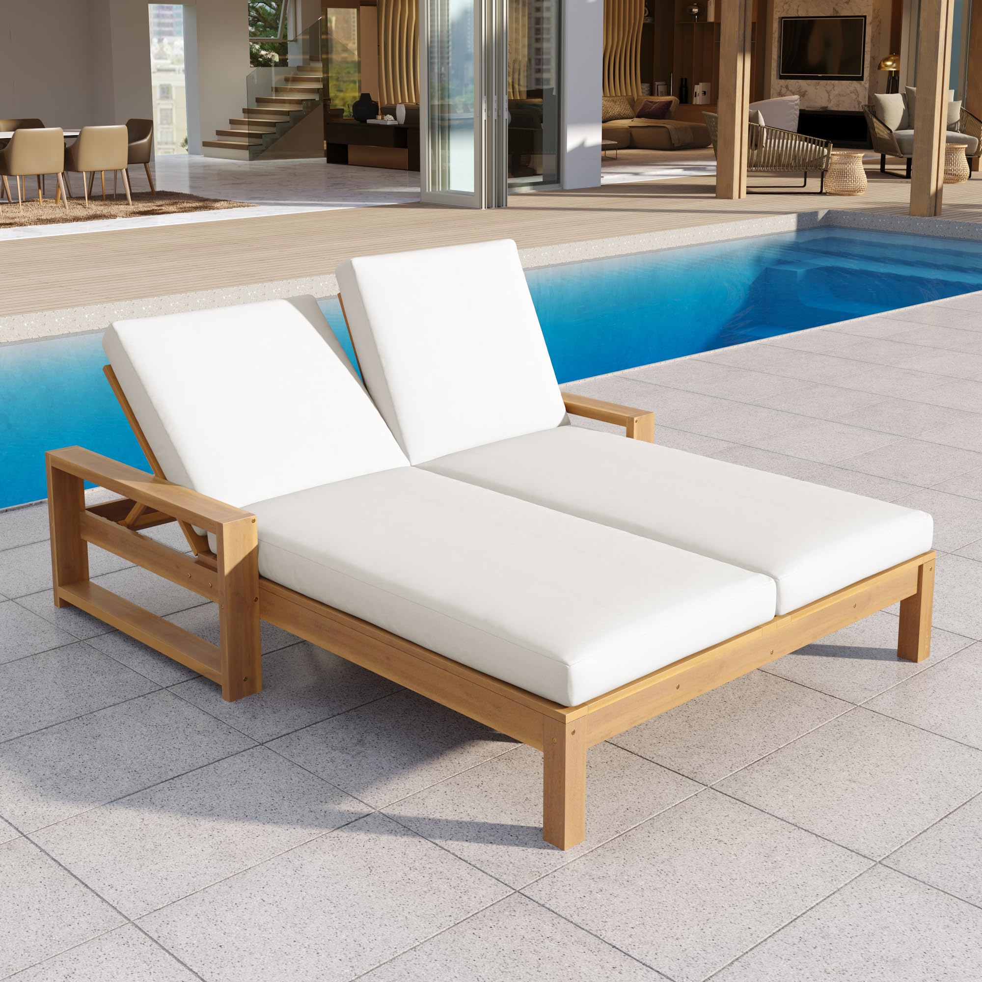 Outdoor Wicker Chaise Lounge Chairs Set of 2, 80'' Patio Rattan Reclining Chair w/Pull-Out Side Table &5-Level Adjustable Backrest Ergonomic Wave Design Pool Sunbathing Recliners, Gray