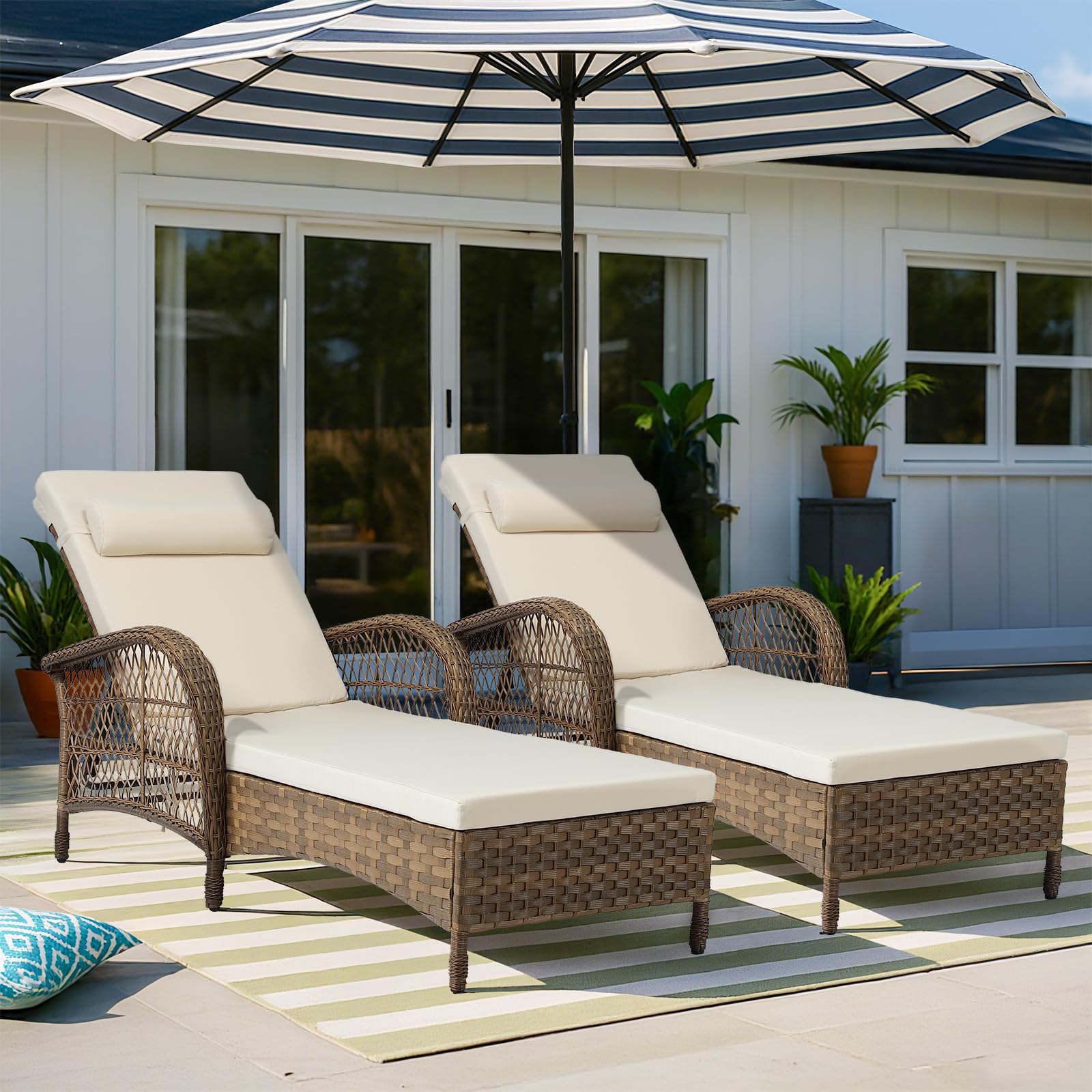 VIVIJASON Outdoor Wicker Chaise Lounge Chair, All-Weather PE Rattan Cushioned Patio Lounger Chair, 6-Position Adjustable Pool Sunbathing Recliner with Armrest & Pillow for Poolside Deck Yard, Gray