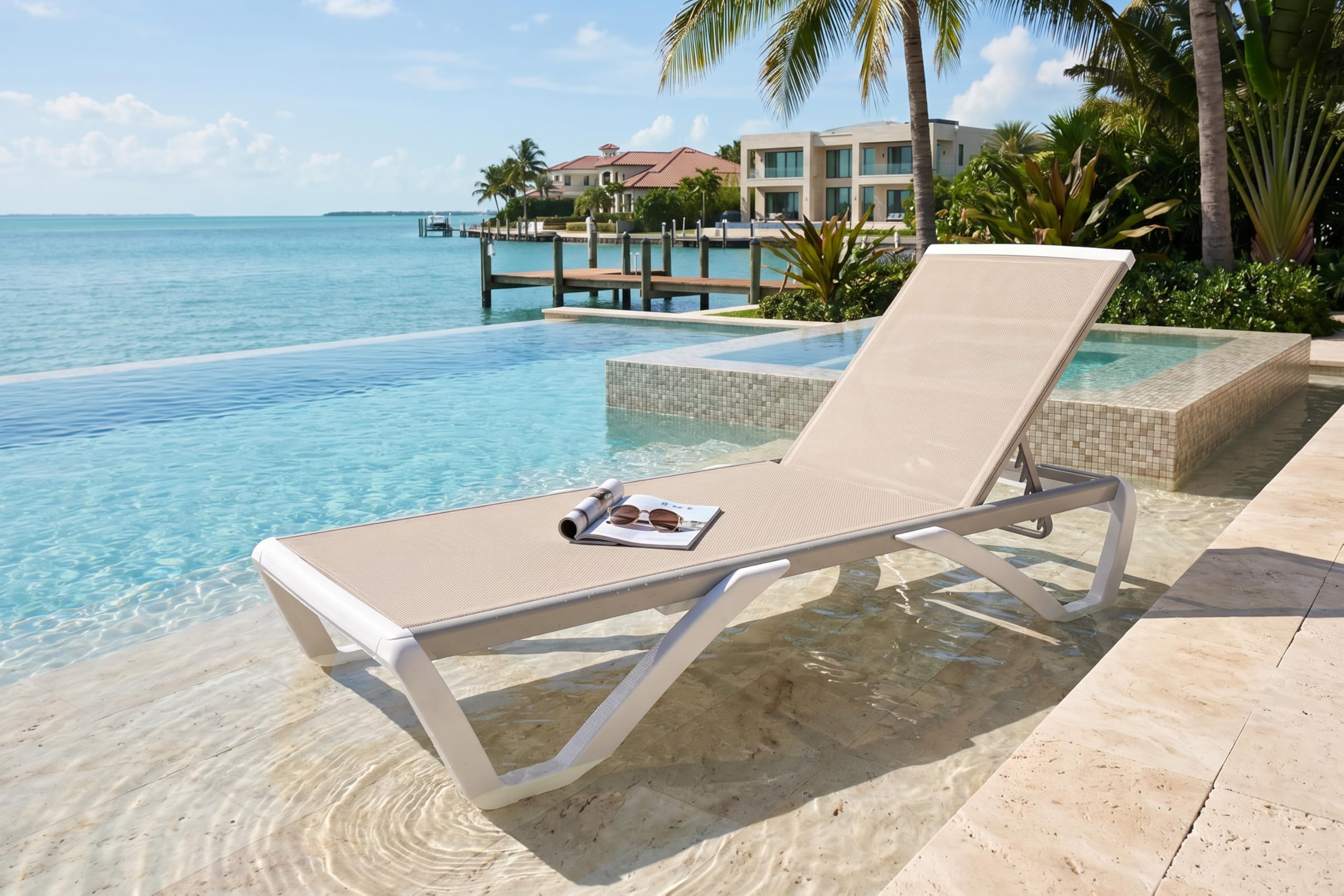 PURPLE LEAF Patio Chaise Lounge Chair with Armrests Outside Aluminum Plastic Stackable Tanning Chairs for Pool Sunbathing Beach Deck Outdoor Lounger, Khaki