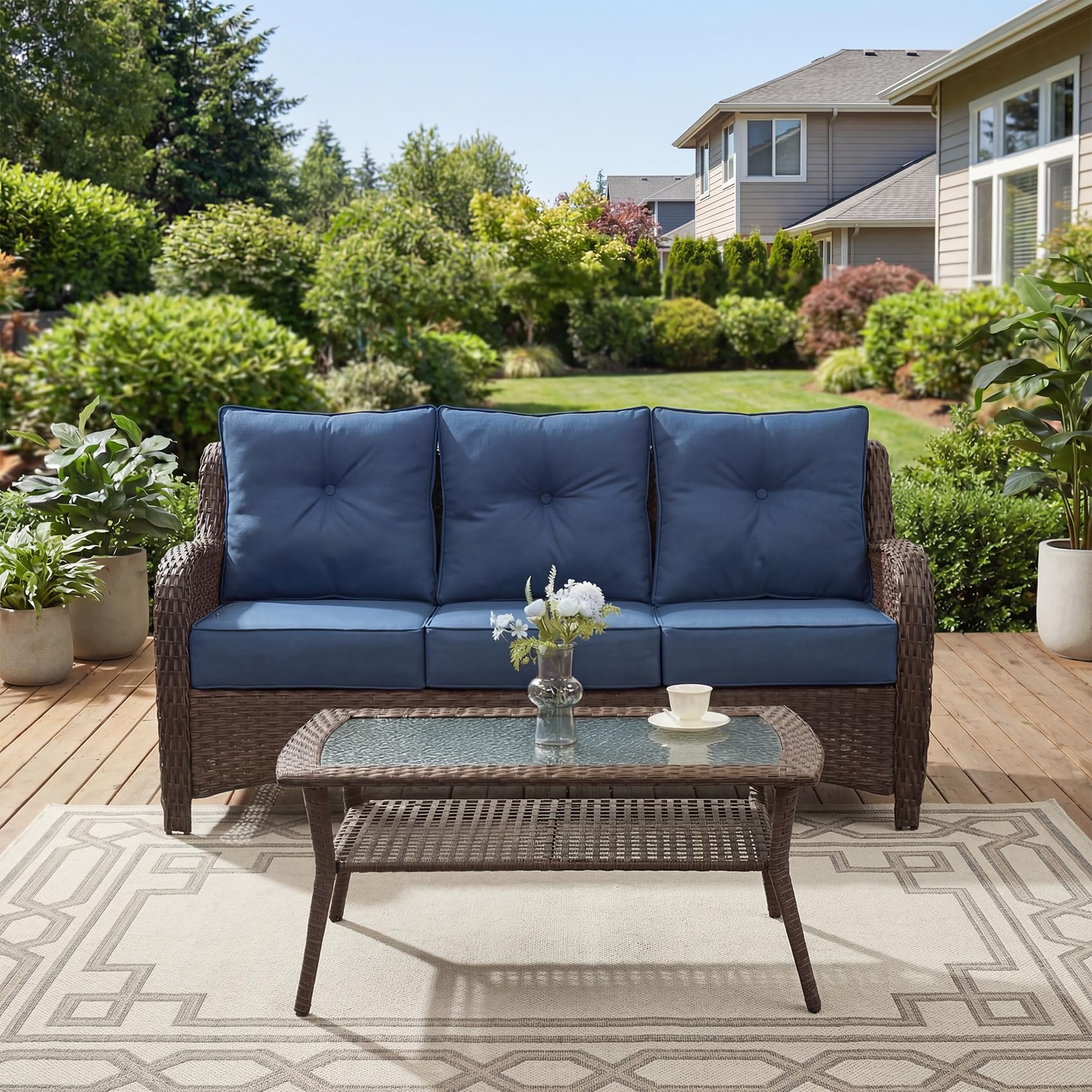 Patio Furniture Set, 3PCS Outdoor Wicker Conversation Set Porch Furniture with 6" Thick Cushions, High Back Swivel Chairs, Weather Resistant Olefin Fabric for Garden, Poolside, Navy Blue
