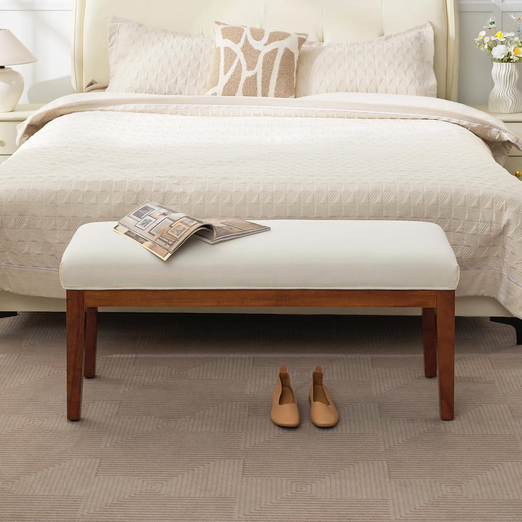 WUTUTUEE 43.5'' Linen Bedroom Bench, Upholstered End of Bed Bench, Padded Vintage Dining Bench, Entryway Bench with Solid Wood Legs, Kitchen, Living Room, Hallway, White