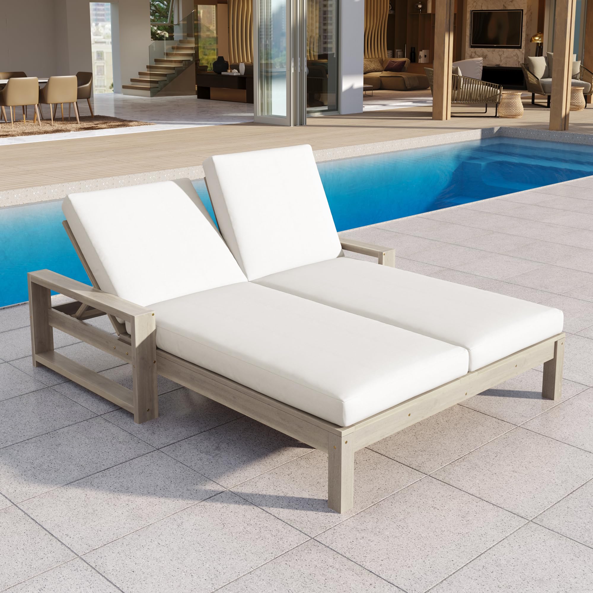 Outdoor Wicker Chaise Lounge Chairs Set of 2, 80'' Patio Rattan Reclining Chair w/Pull-Out Side Table &5-Level Adjustable Backrest Ergonomic Wave Design Pool Sunbathing Recliners, Gray