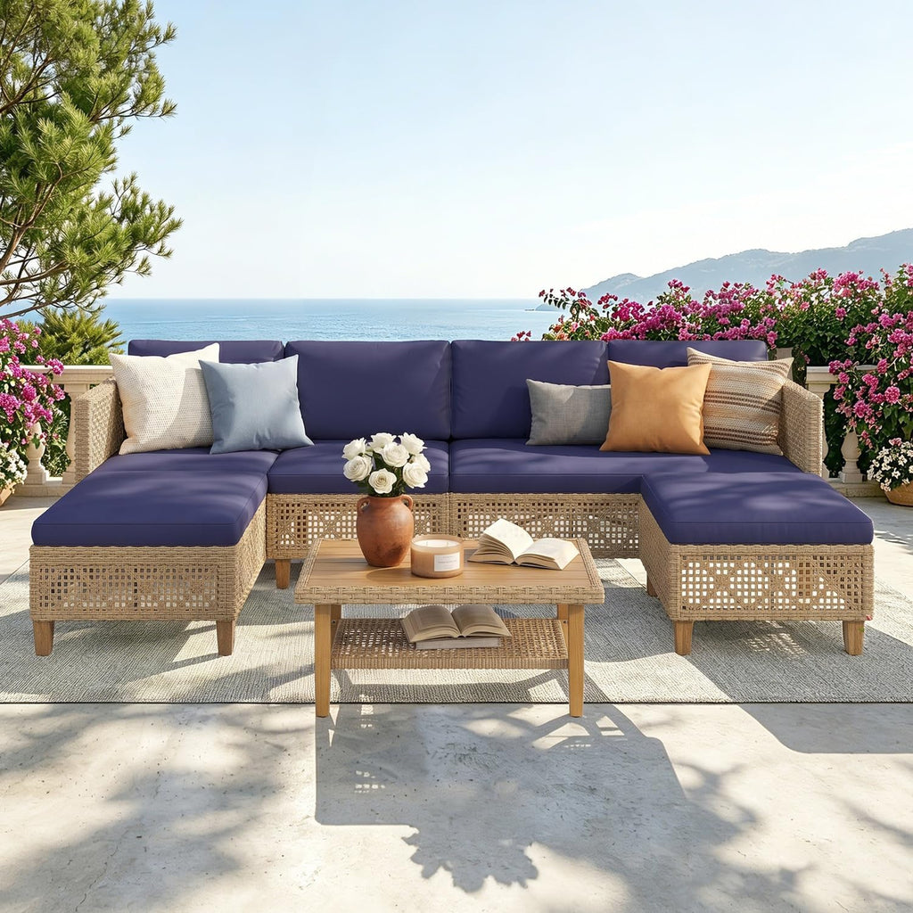 Navy 7pc U-Shaped Wicker Patio Set