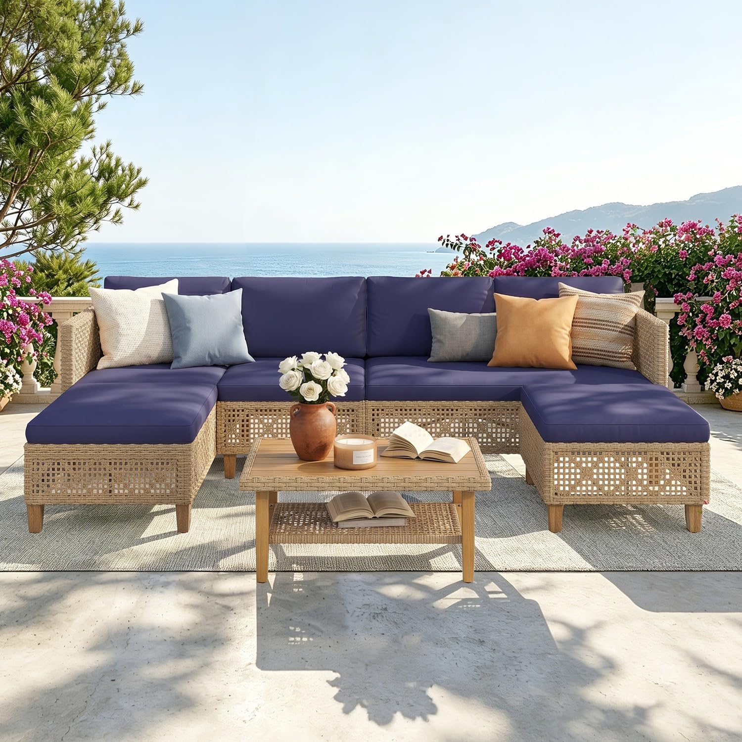Navy 7pc U-Shaped Wicker Patio Set