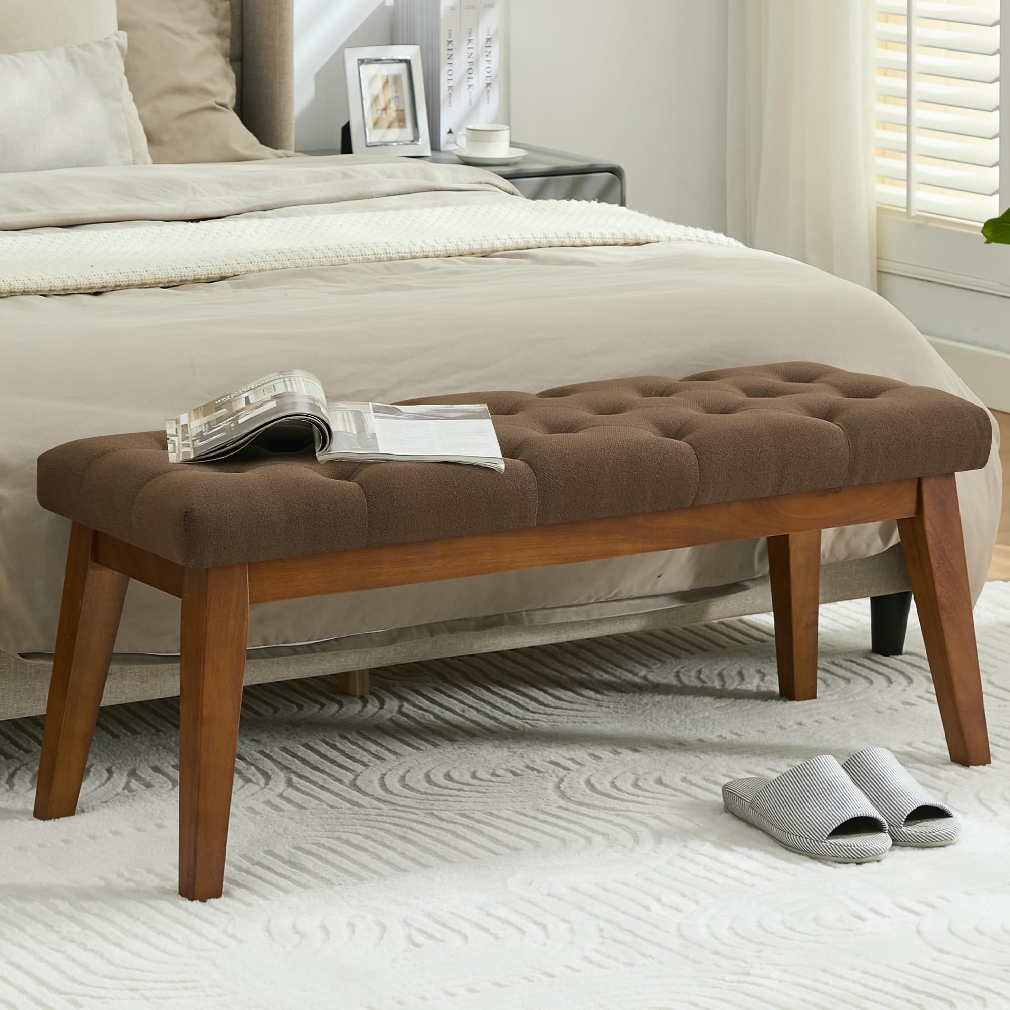 WUTUTUEE 43.5'' Linen Bedroom Bench, Upholstered End of Bed Bench, Padded Vintage Dining Bench, Entryway Bench with Solid Wood Legs, Kitchen, Living Room, Hallway, White