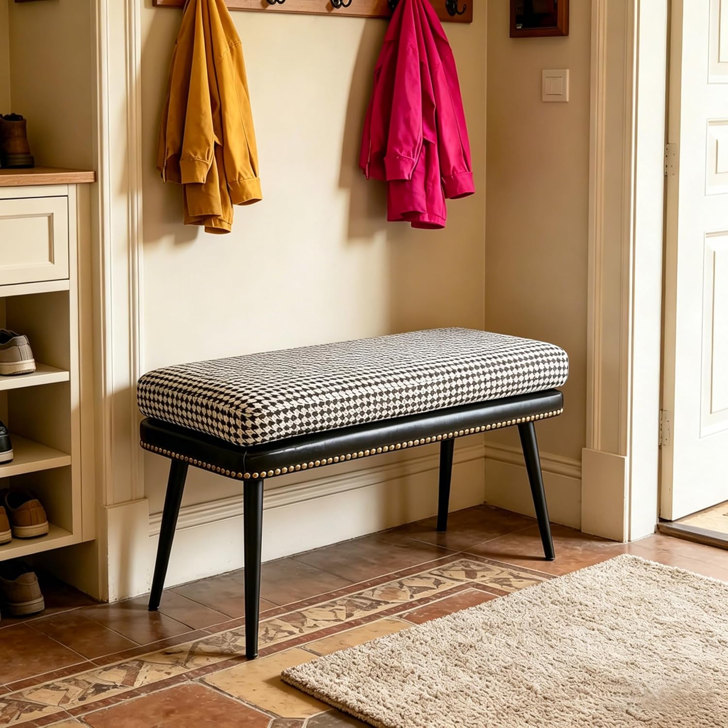 Forteek Retro Leather Fabric Entry Bench