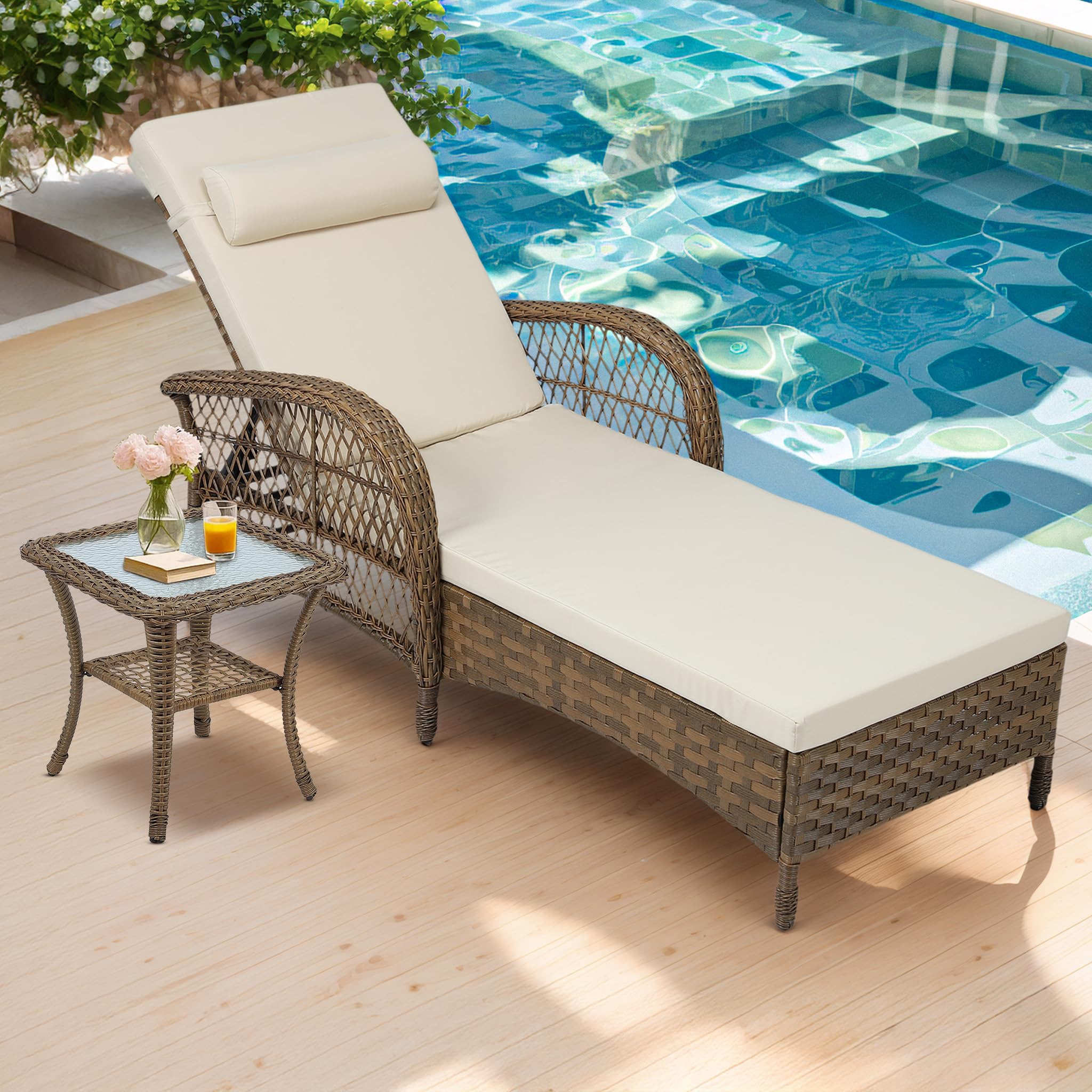 VIVIJASON Outdoor Wicker Chaise Lounge Chair, All-Weather PE Rattan Cushioned Patio Lounger Chair, 6-Position Adjustable Pool Sunbathing Recliner with Armrest & Pillow for Poolside Deck Yard, Gray