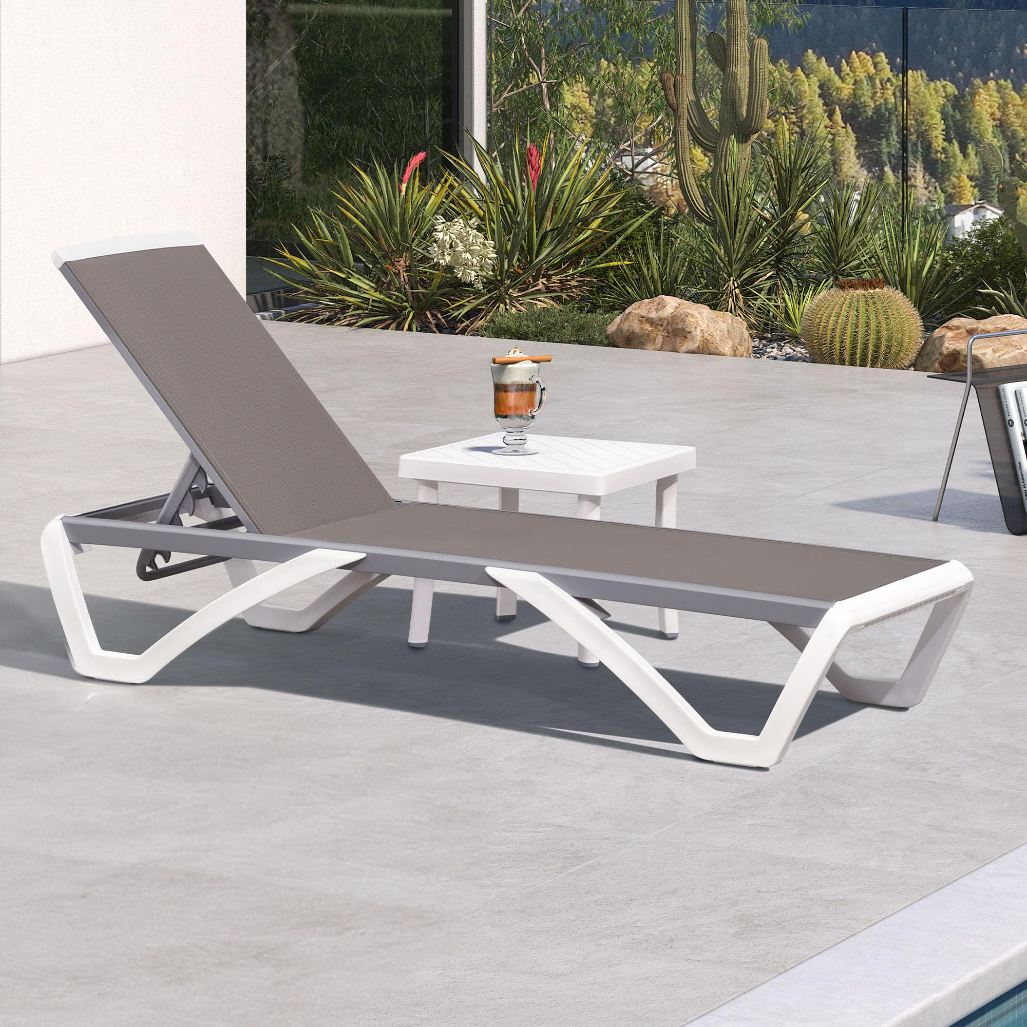 PURPLE LEAF Patio Chaise Lounge Chair with Armrests Outside Aluminum Plastic Stackable Tanning Chairs for Pool Sunbathing Beach Deck Outdoor Lounger, Khaki
