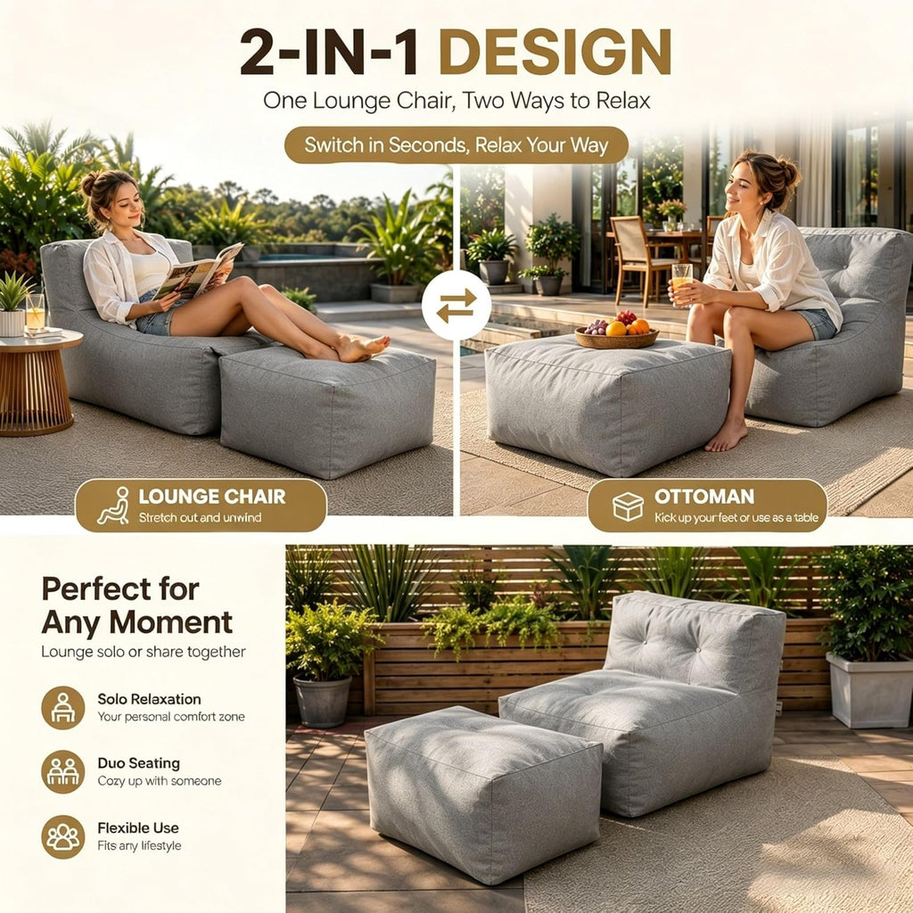 Gray 2-in-1 Bean Bag Chair with Ottoman