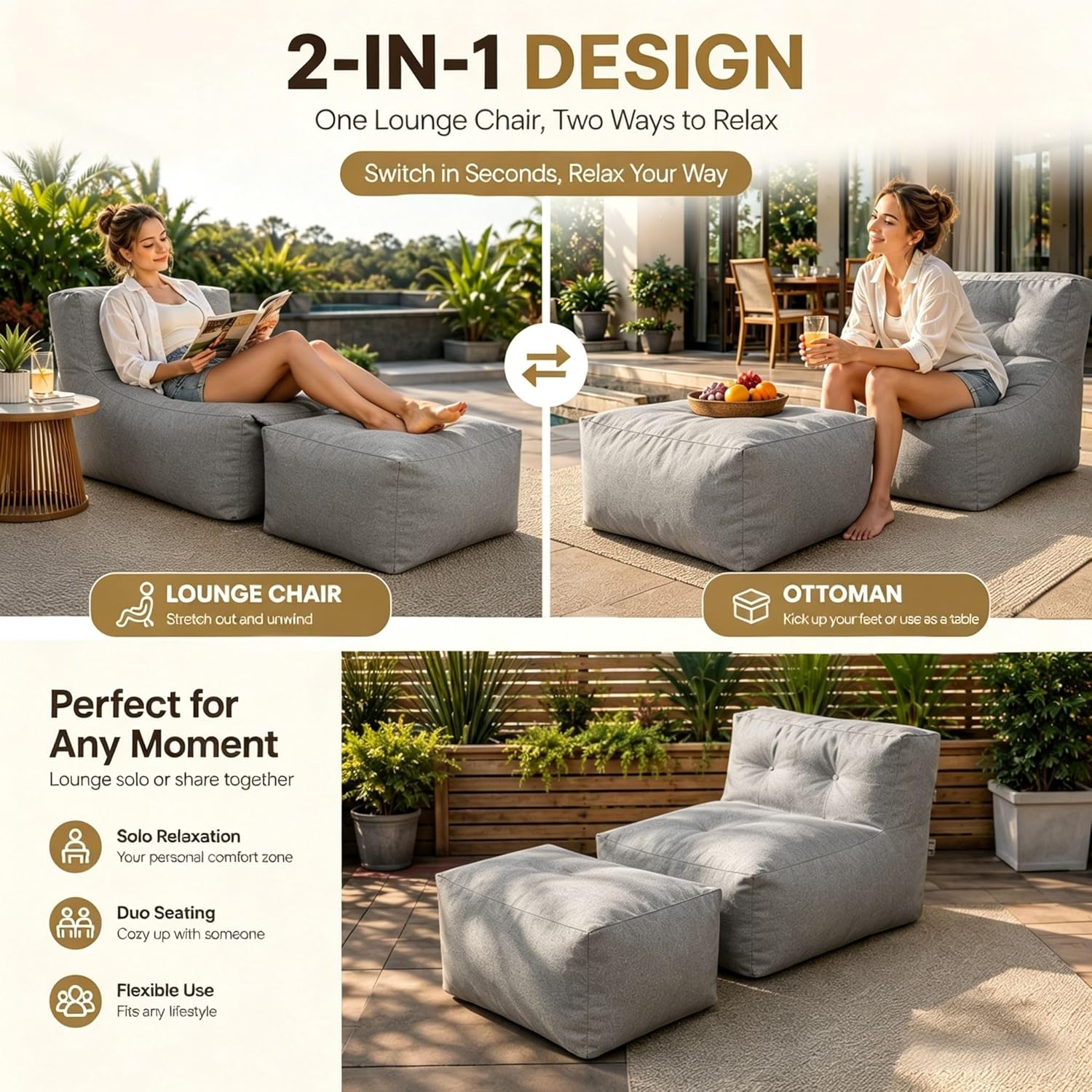 Gray 2-in-1 Bean Bag Chair with Ottoman