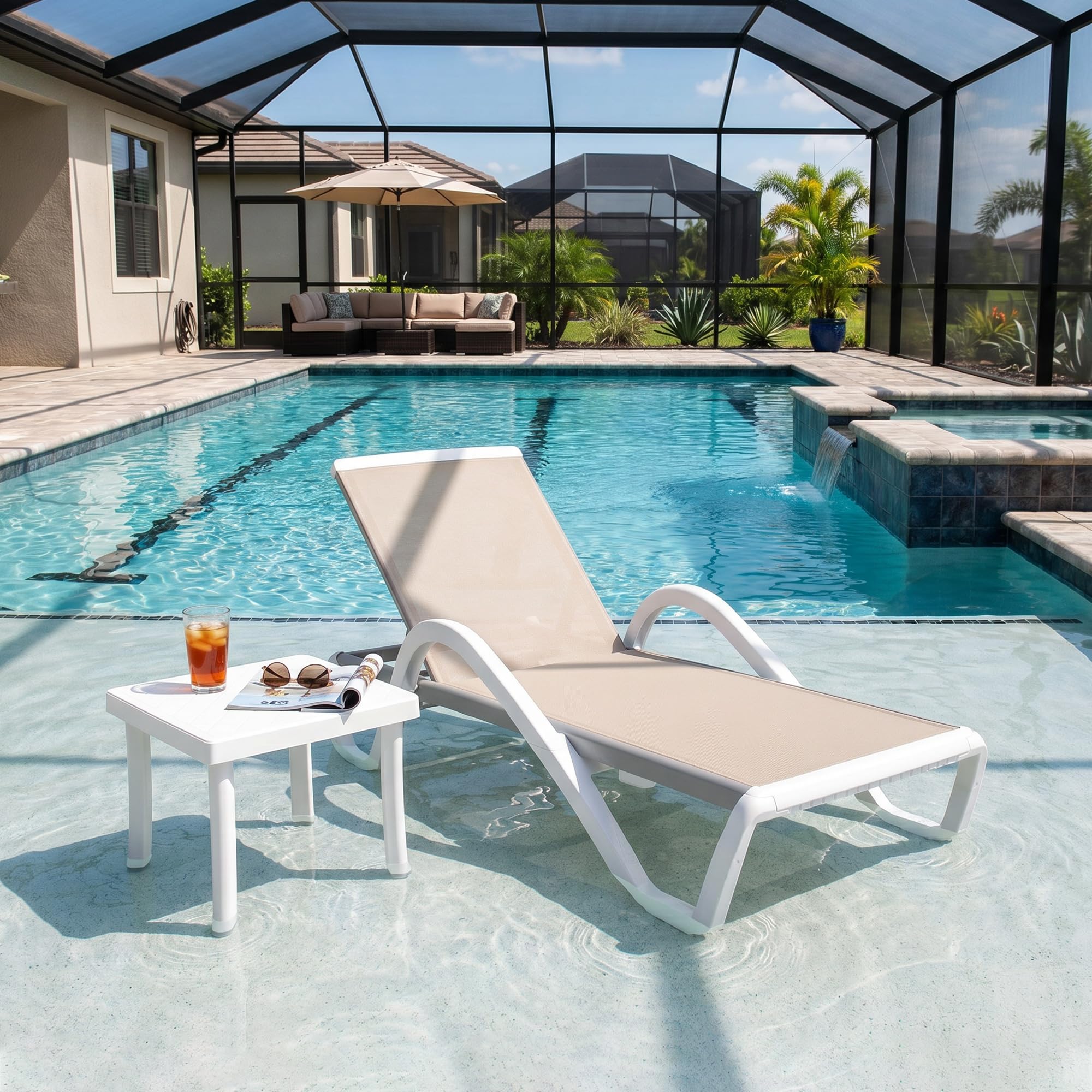 PURPLE LEAF Patio Chaise Lounge Chair with Armrests Outside Aluminum Plastic Stackable Tanning Chairs for Pool Sunbathing Beach Deck Outdoor Lounger, Khaki
