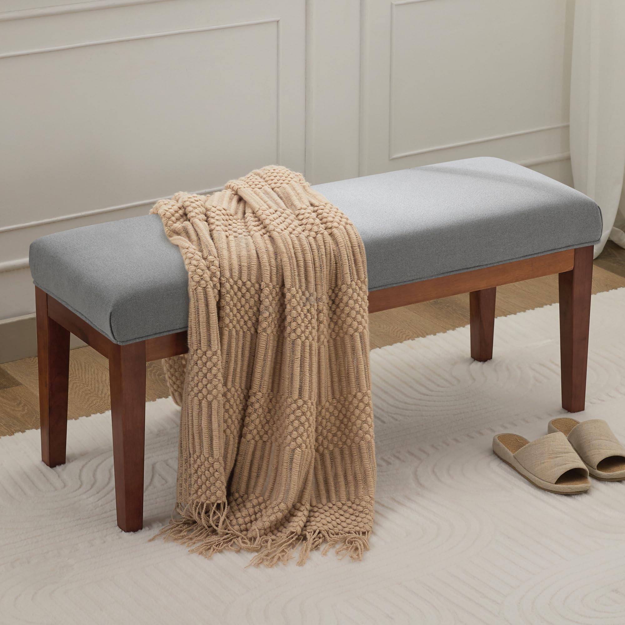 WUTUTUEE 43.5'' Linen Bedroom Bench, Upholstered End of Bed Bench, Padded Vintage Dining Bench, Entryway Bench with Solid Wood Legs, Kitchen, Living Room, Hallway, White