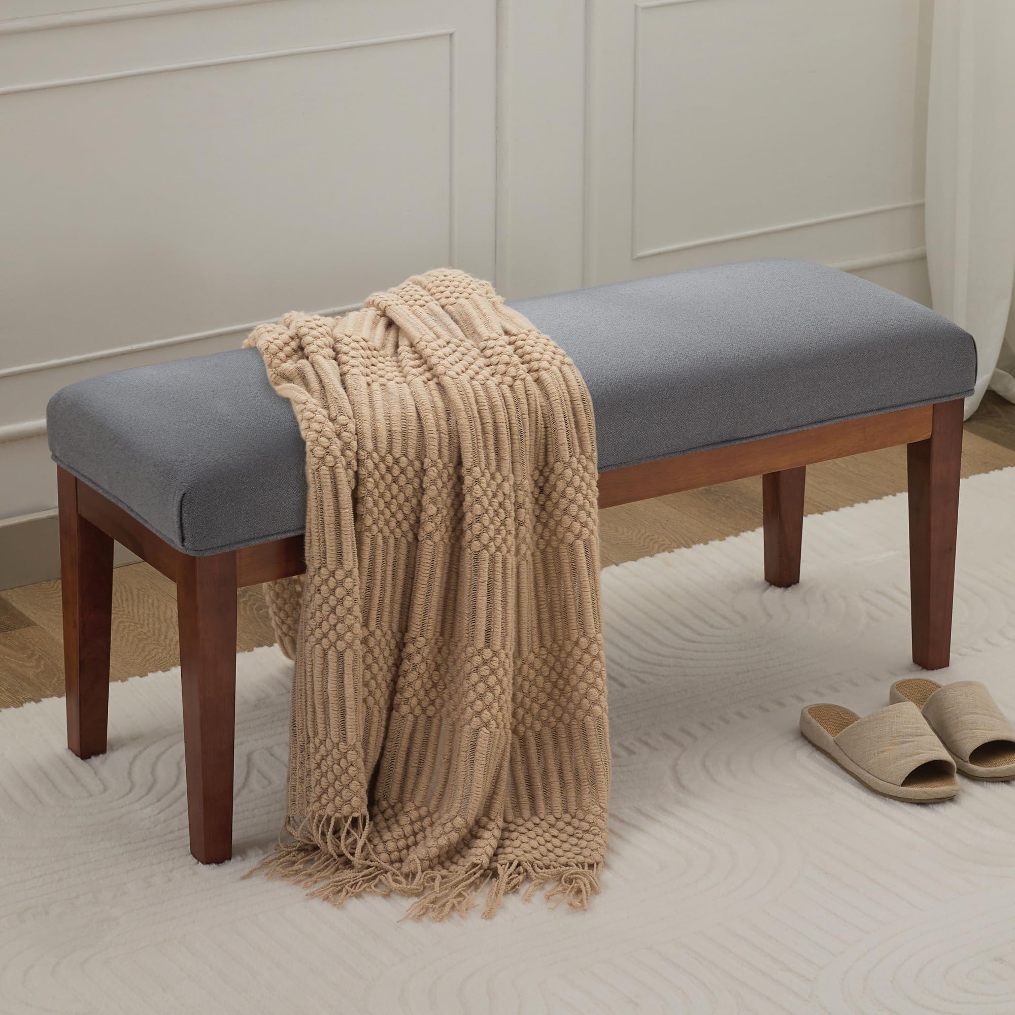WUTUTUEE 43.5'' Linen Bedroom Bench, Upholstered End of Bed Bench, Padded Vintage Dining Bench, Entryway Bench with Solid Wood Legs, Kitchen, Living Room, Hallway, White