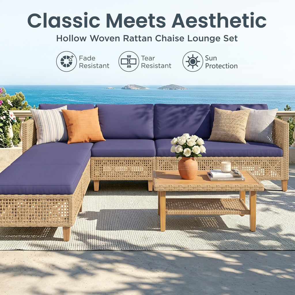 Navy 7pc U-Shaped Wicker Patio Set