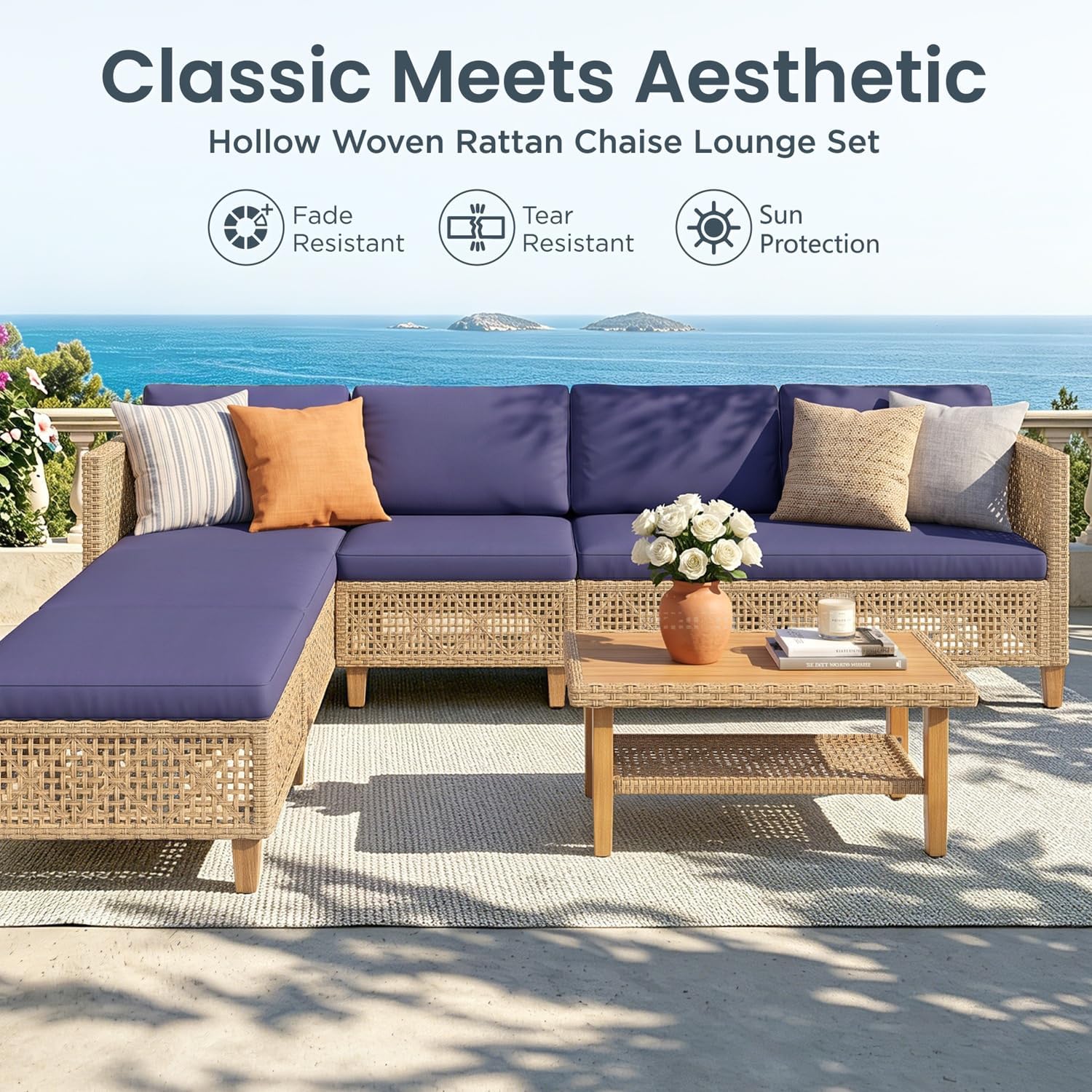 Navy 7pc U-Shaped Wicker Patio Set