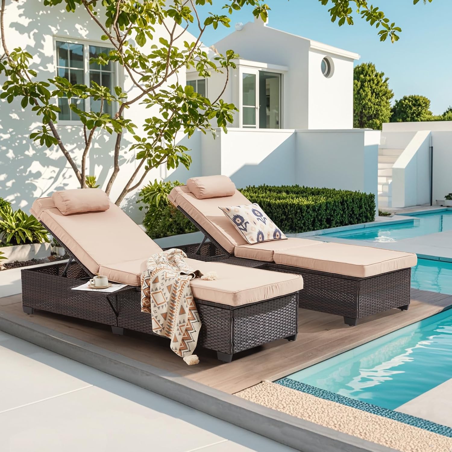 2 Adjustable Pool Chaise Lounges Khaki