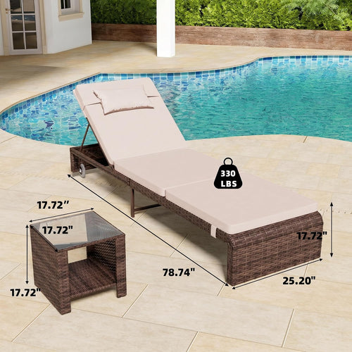 3 Pieces Chaise Lounge Set, Modern Outdoor Patio Furniture with Adjustable Backrest & Side Table, Durable PE Wicker, Weather Resistant Cushions, Beige