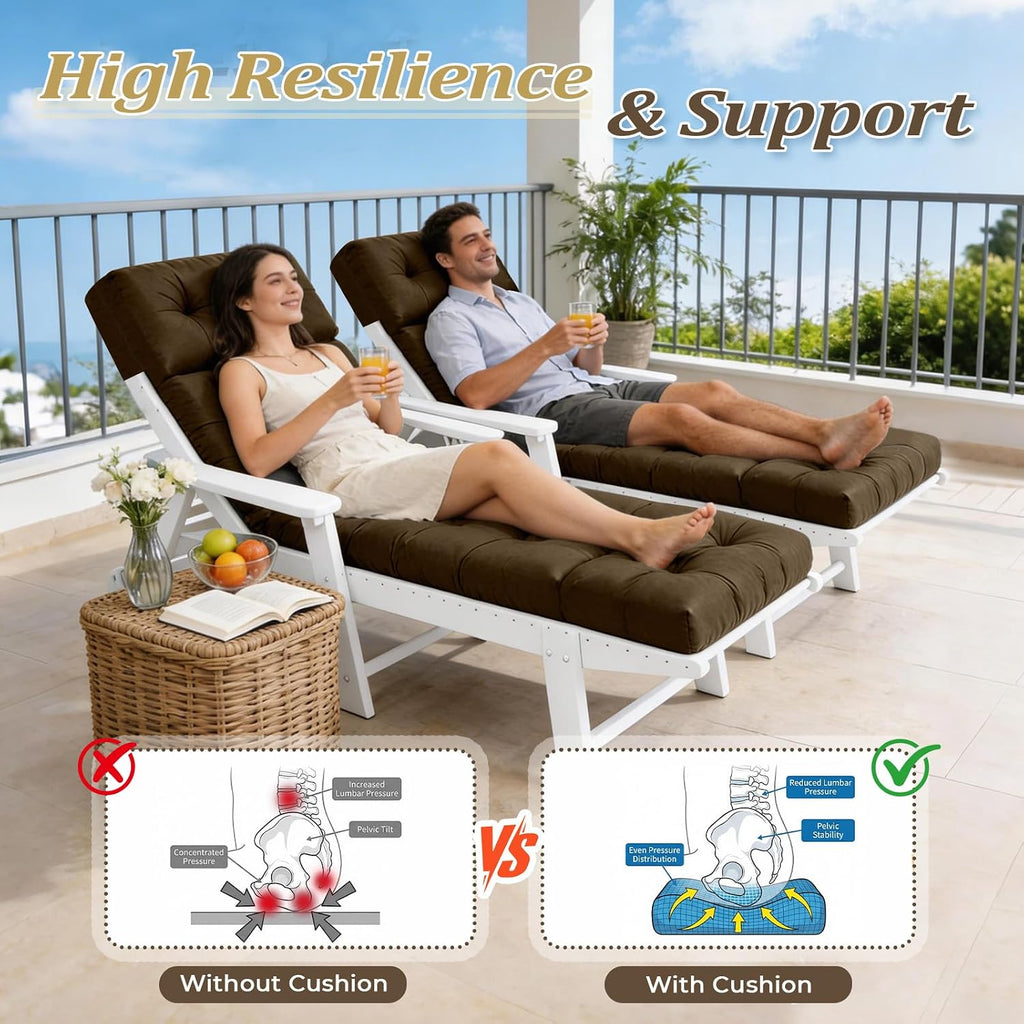 Outdoor Chaise Lounge Cushion with Ties, 74.4"x22" Patio Lounge Chair Cushion Replacement, Thick Cotton Filled Recliner Cushion for Poolside, Patio, Lawn & Garden, Brown (Cushion ONLY)