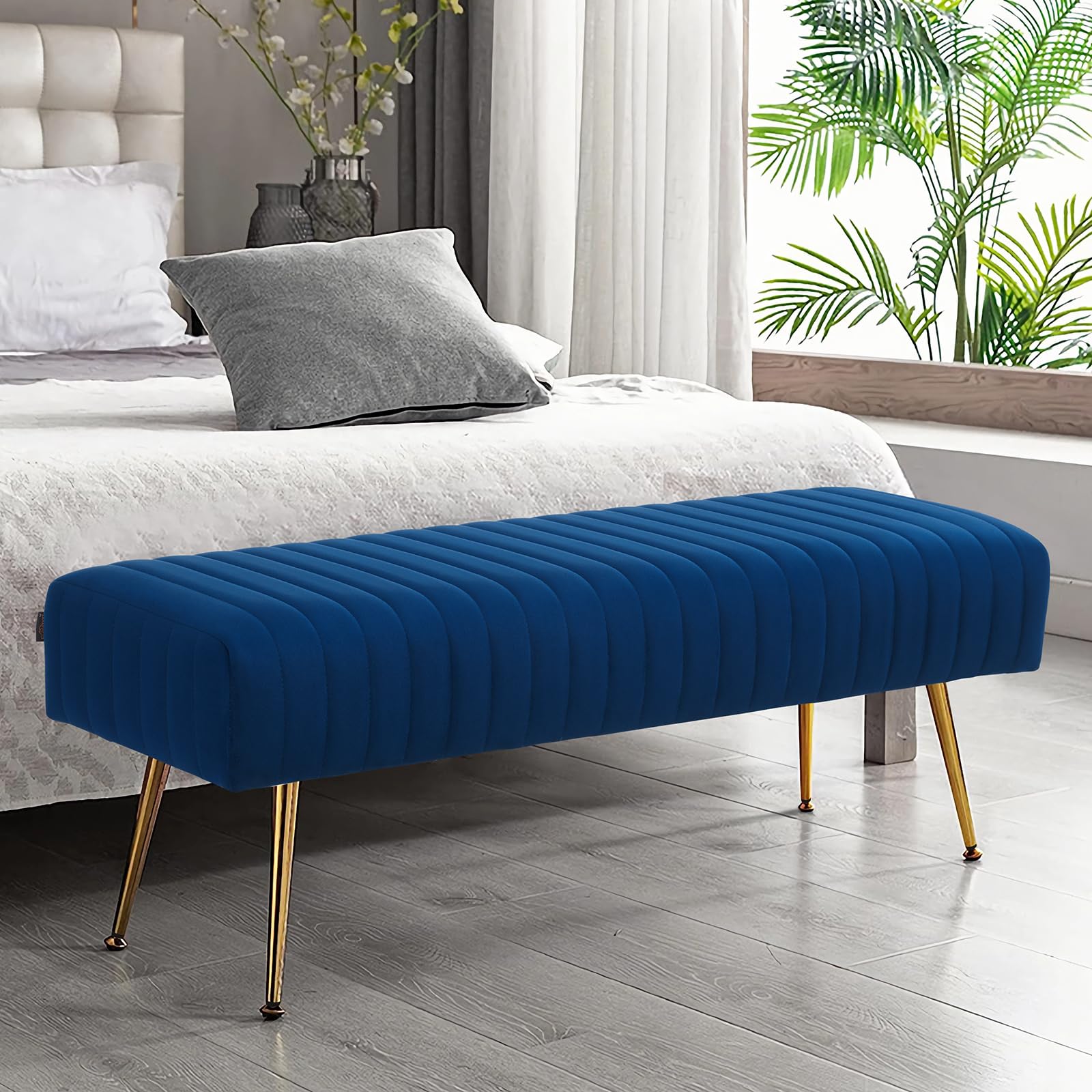 Furniliving 44 Inch Tufted Leather Bench, Leather Footrest Stool Bedroom Bench Seat, Upholstered Tufted Beathable Fabrics Ottoman Bench with X-Shaped Wood Legs for Kitchen, Solid Wood Indoor Bench