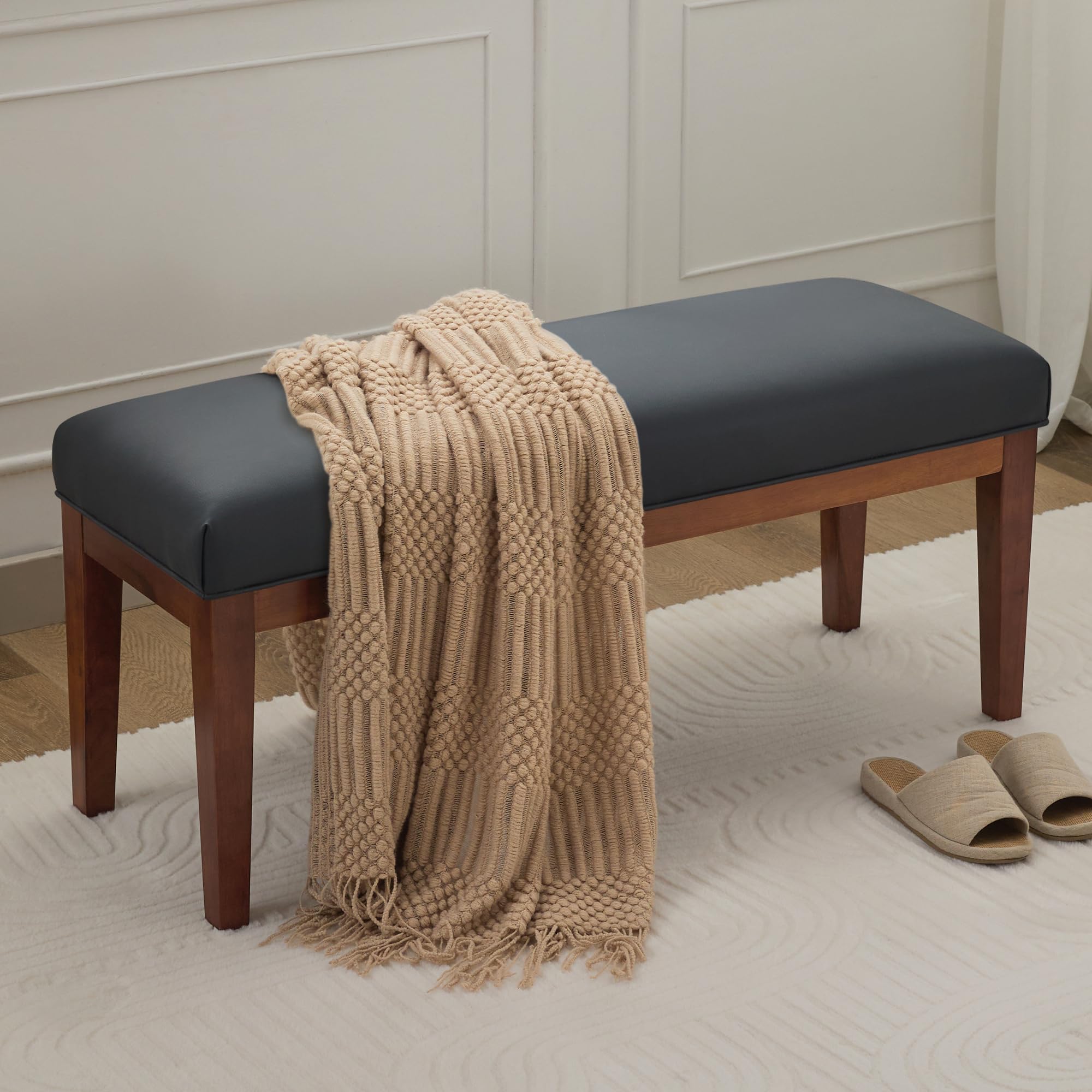 WUTUTUEE 43.5'' Linen Bedroom Bench, Upholstered End of Bed Bench, Padded Vintage Dining Bench, Entryway Bench with Solid Wood Legs, Kitchen, Living Room, Hallway, White