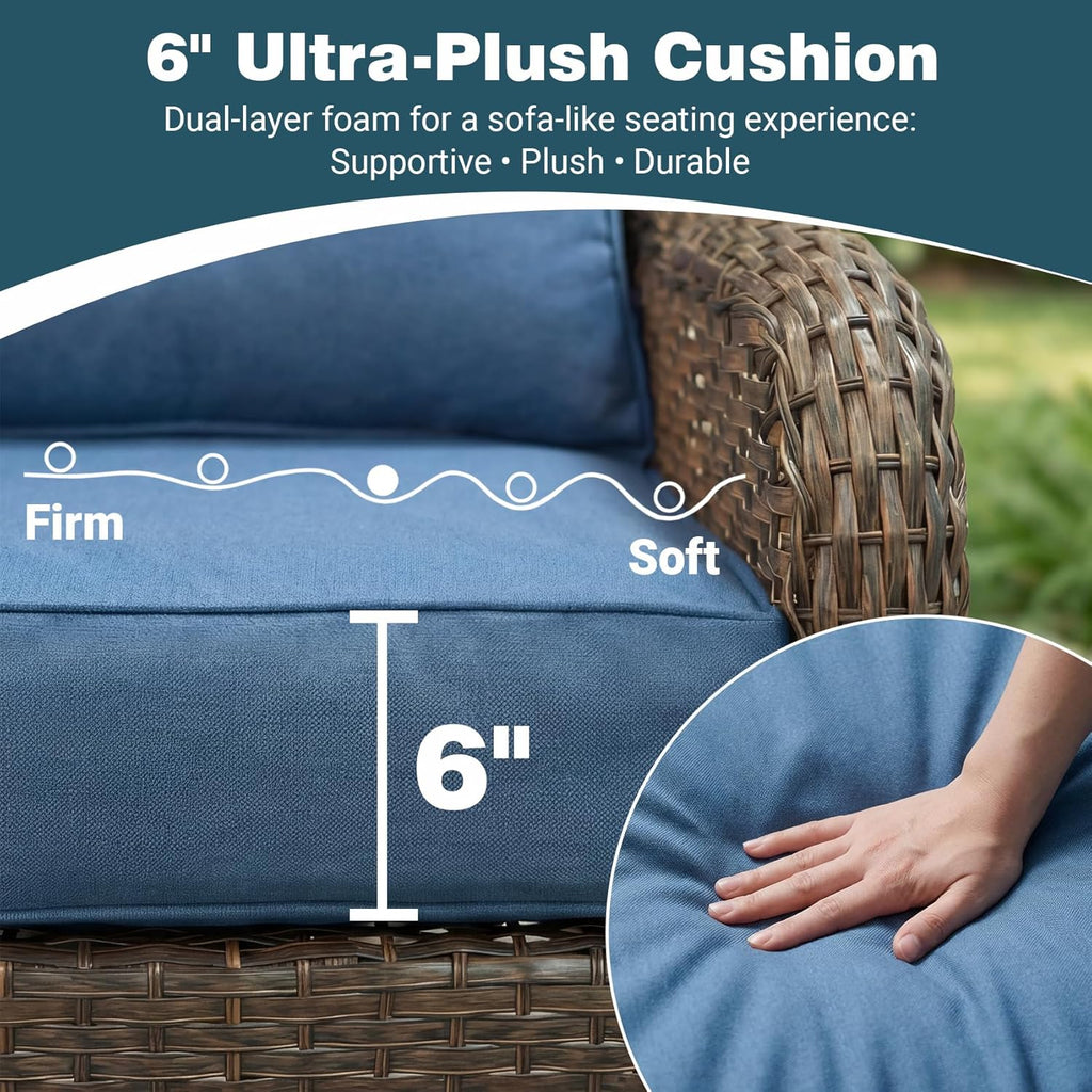 Patio Furniture Set, 3PCS Outdoor Wicker Conversation Set Porch Furniture with 6" Thick Cushions, High Back Swivel Chairs, Weather Resistant Olefin Fabric for Garden, Poolside, Navy Blue