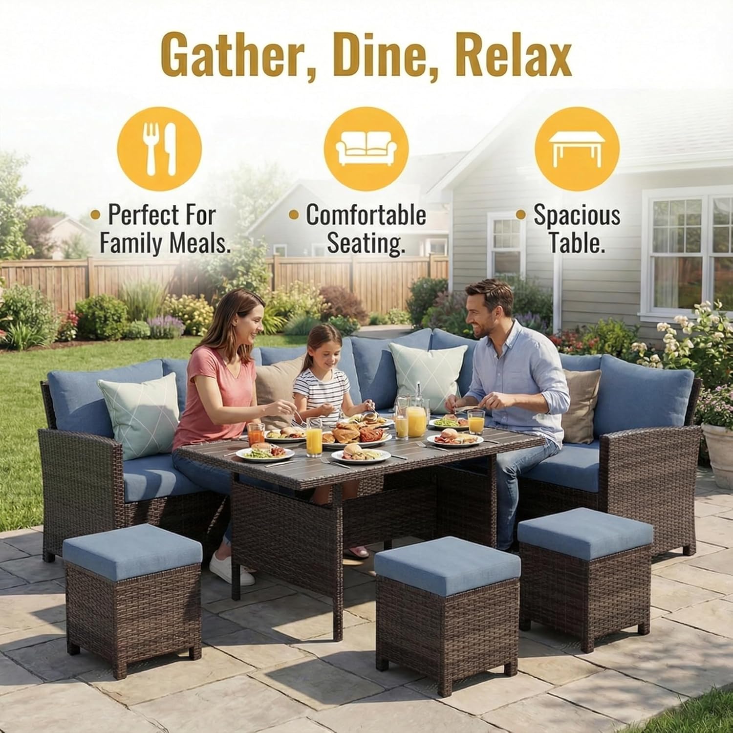 Wisteria Lane Blue 7-Piece Wicker Patio Sectional Set