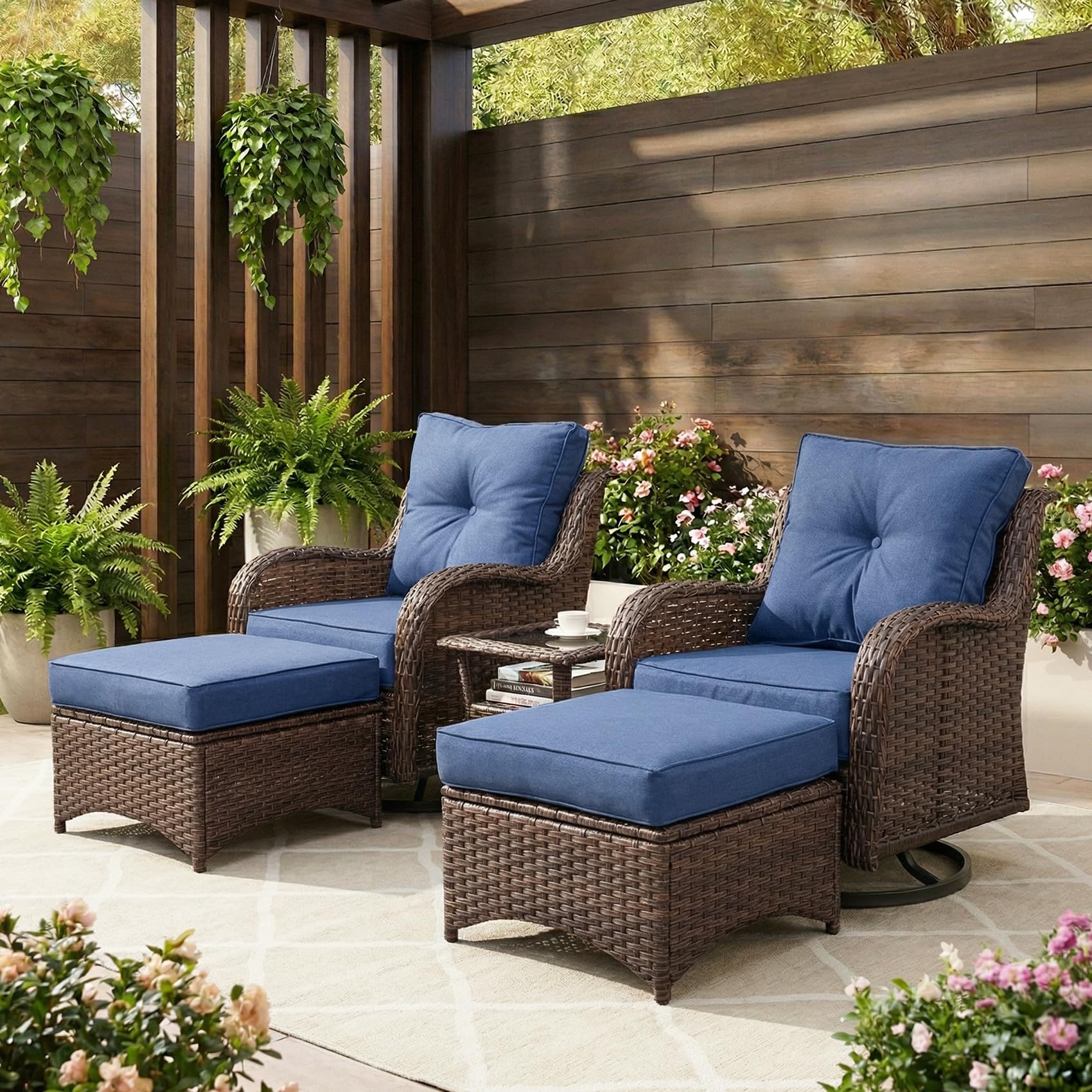 Patio Furniture Set, 3PCS Outdoor Wicker Conversation Set Porch Furniture with 6" Thick Cushions, High Back Swivel Chairs, Weather Resistant Olefin Fabric for Garden, Poolside, Navy Blue