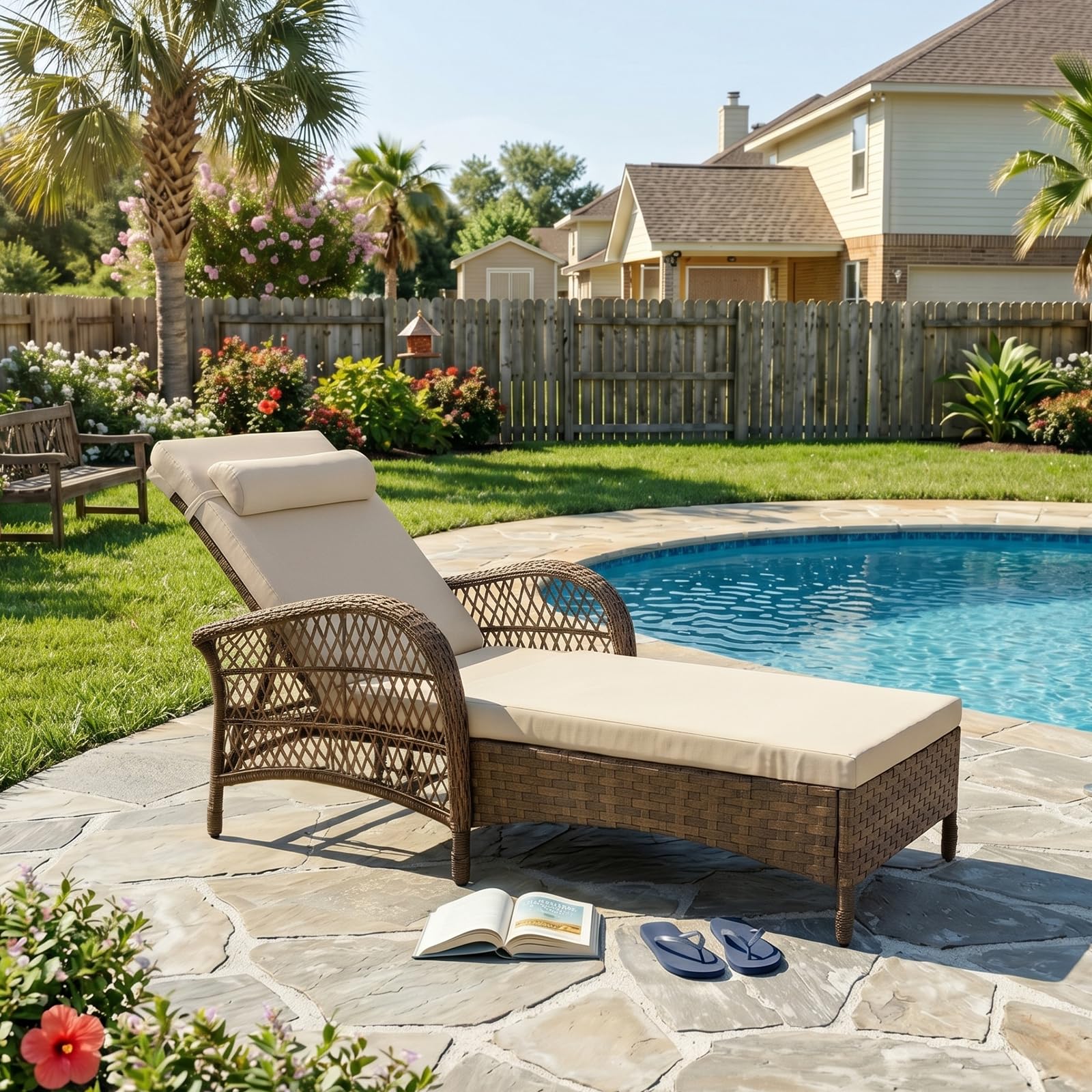 VIVIJASON Outdoor Wicker Chaise Lounge Chair, All-Weather PE Rattan Cushioned Patio Lounger Chair, 6-Position Adjustable Pool Sunbathing Recliner with Armrest & Pillow for Poolside Deck Yard, Gray