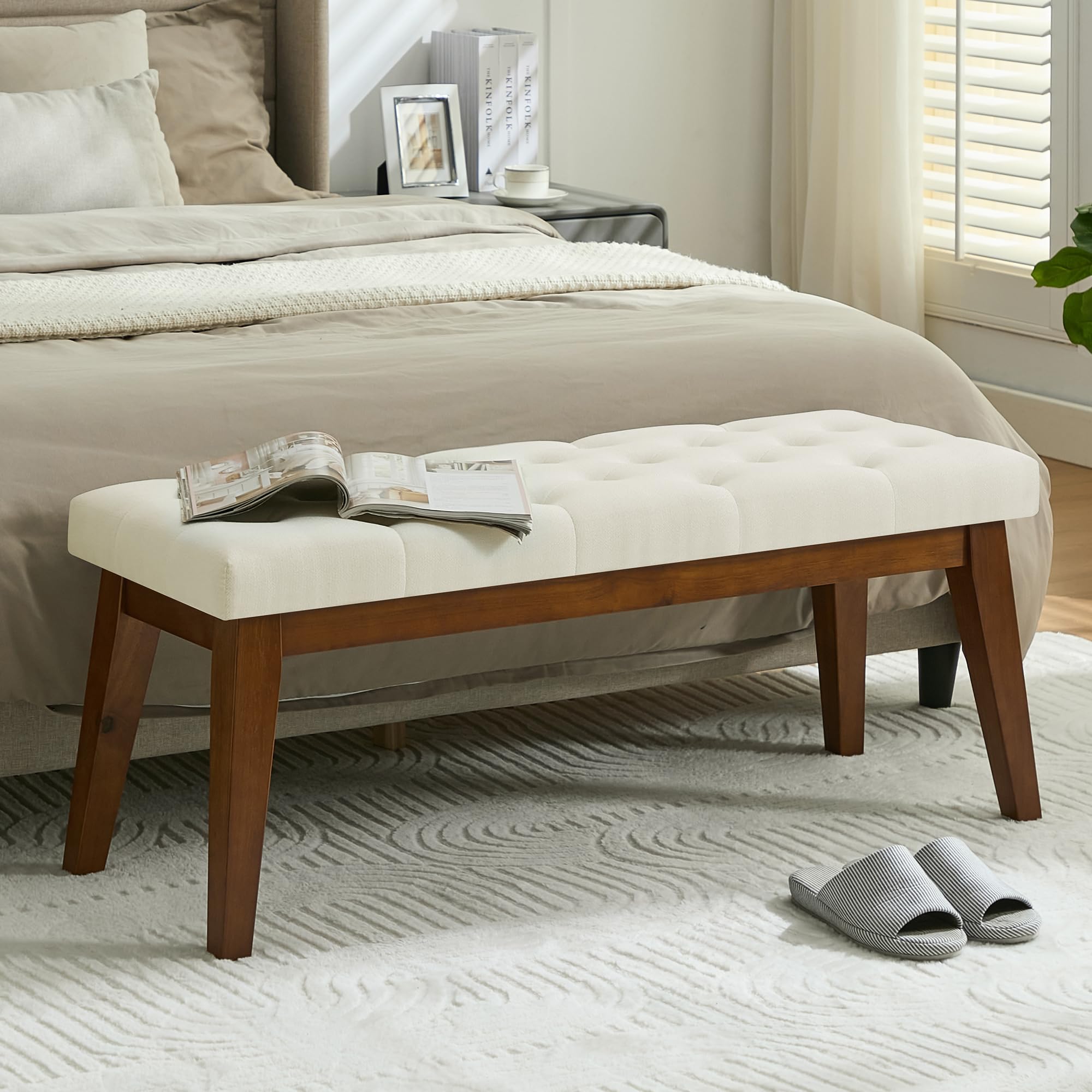 WUTUTUEE 43.5'' Linen Bedroom Bench, Upholstered End of Bed Bench, Padded Vintage Dining Bench, Entryway Bench with Solid Wood Legs, Kitchen, Living Room, Hallway, White