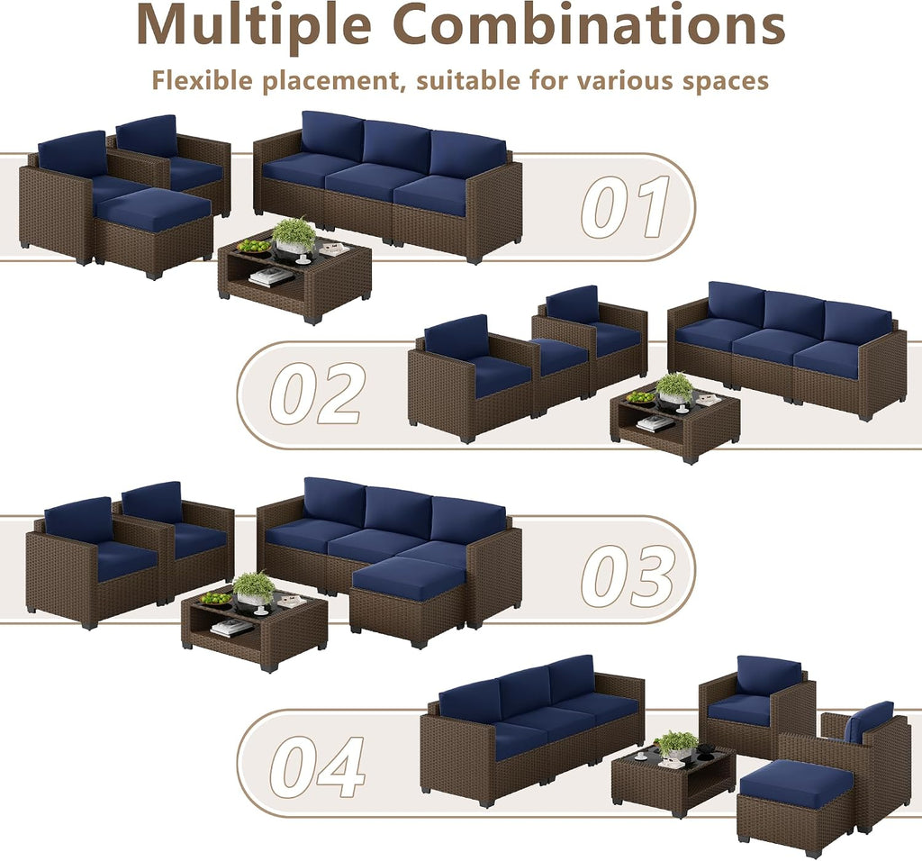 LOUVIXA 7 Piece Outdoor Patio Furniture Set, Rattan Chairs Glass Table Wicker Conversation Seating Sectional Sofa with Cushions (Brown-Navy, 7Pcs-2 Layer Coffee Table)