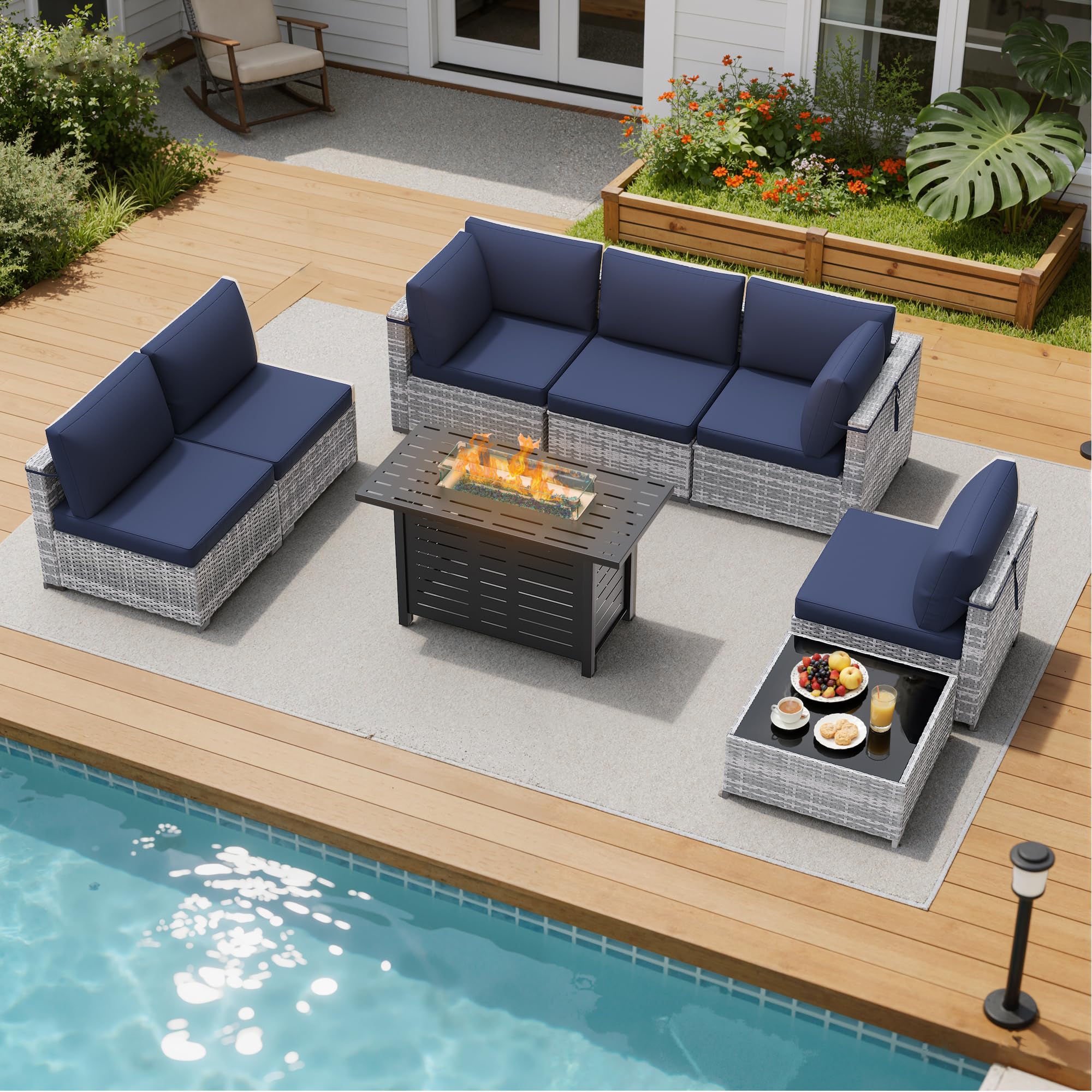 LOUVIXA 7 Piece Outdoor Patio Furniture Set, Rattan Chairs Glass Table Wicker Conversation Seating Sectional Sofa with Cushions (Brown-Navy, 7Pcs-2 Layer Coffee Table)