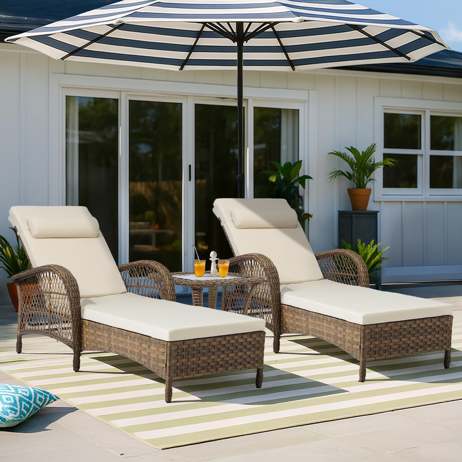 VIVIJASON Outdoor Wicker Chaise Lounge Chair, All-Weather PE Rattan Cushioned Patio Lounger Chair, 6-Position Adjustable Pool Sunbathing Recliner with Armrest & Pillow for Poolside Deck Yard, Gray