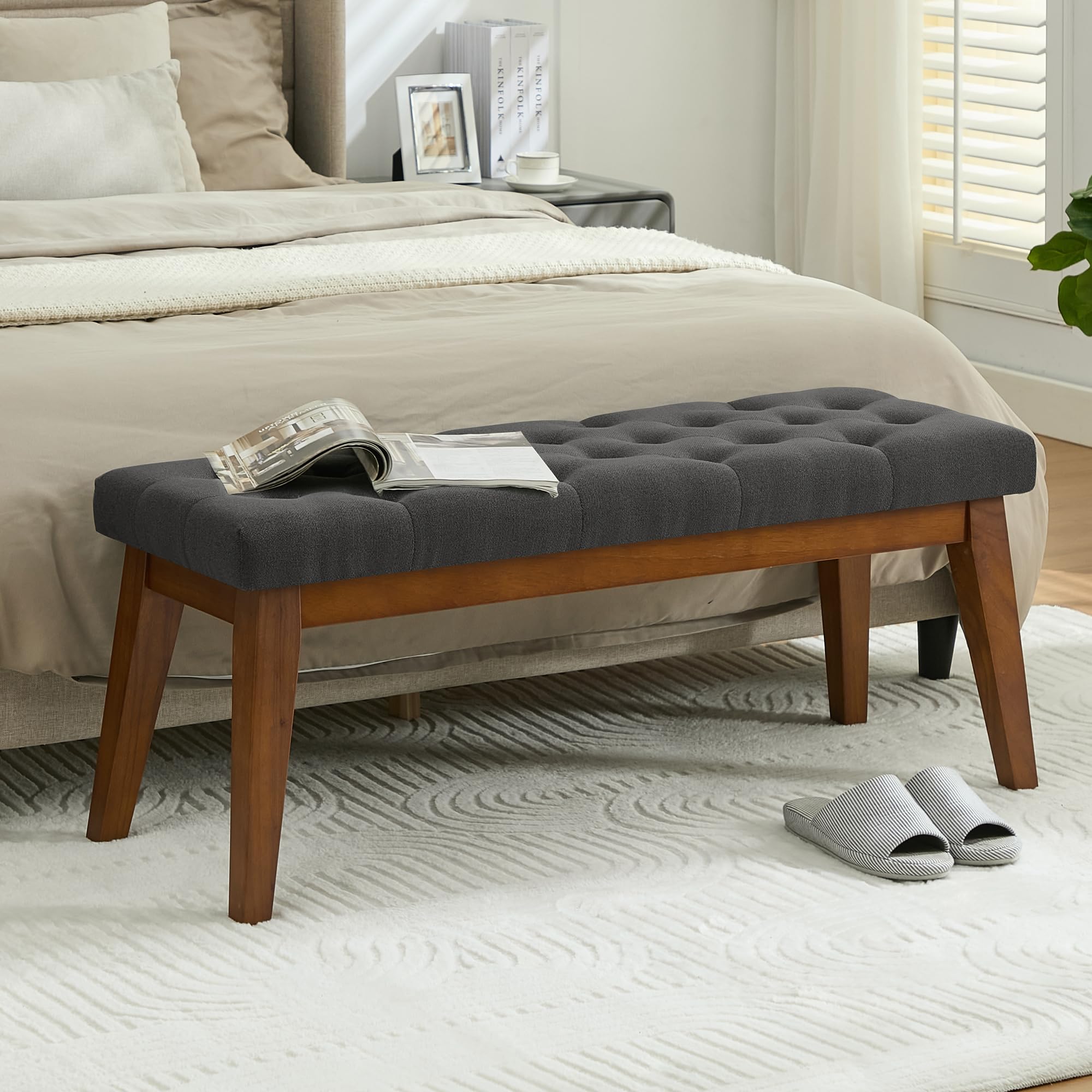 WUTUTUEE 43.5'' Linen Bedroom Bench, Upholstered End of Bed Bench, Padded Vintage Dining Bench, Entryway Bench with Solid Wood Legs, Kitchen, Living Room, Hallway, White