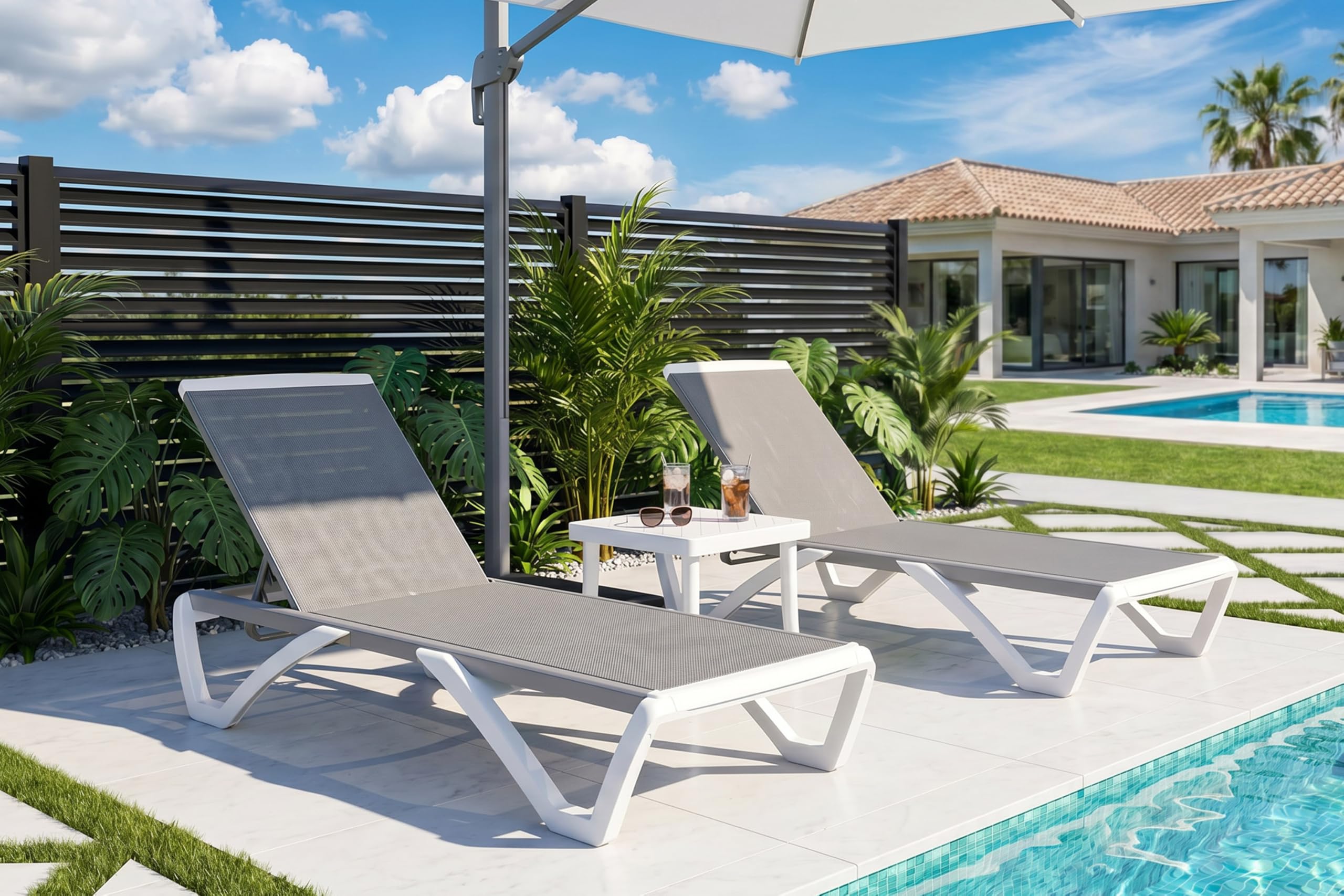 PURPLE LEAF Patio Chaise Lounge Chair with Armrests Outside Aluminum Plastic Stackable Tanning Chairs for Pool Sunbathing Beach Deck Outdoor Lounger, Khaki