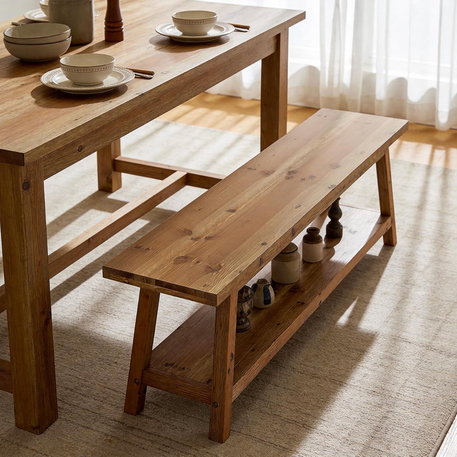 Farmhouse Storage Wood Dining Bench