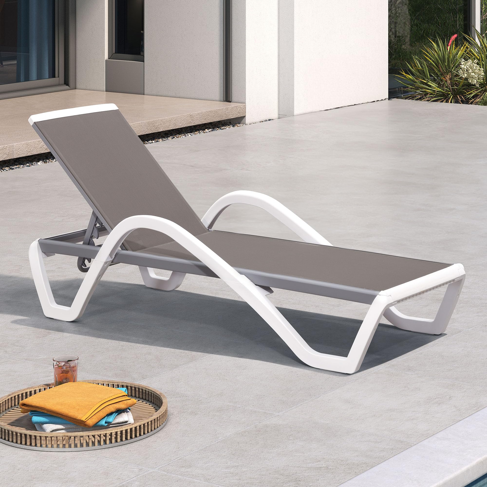 PURPLE LEAF Patio Chaise Lounge Chair with Armrests Outside Aluminum Plastic Stackable Tanning Chairs for Pool Sunbathing Beach Deck Outdoor Lounger, Khaki