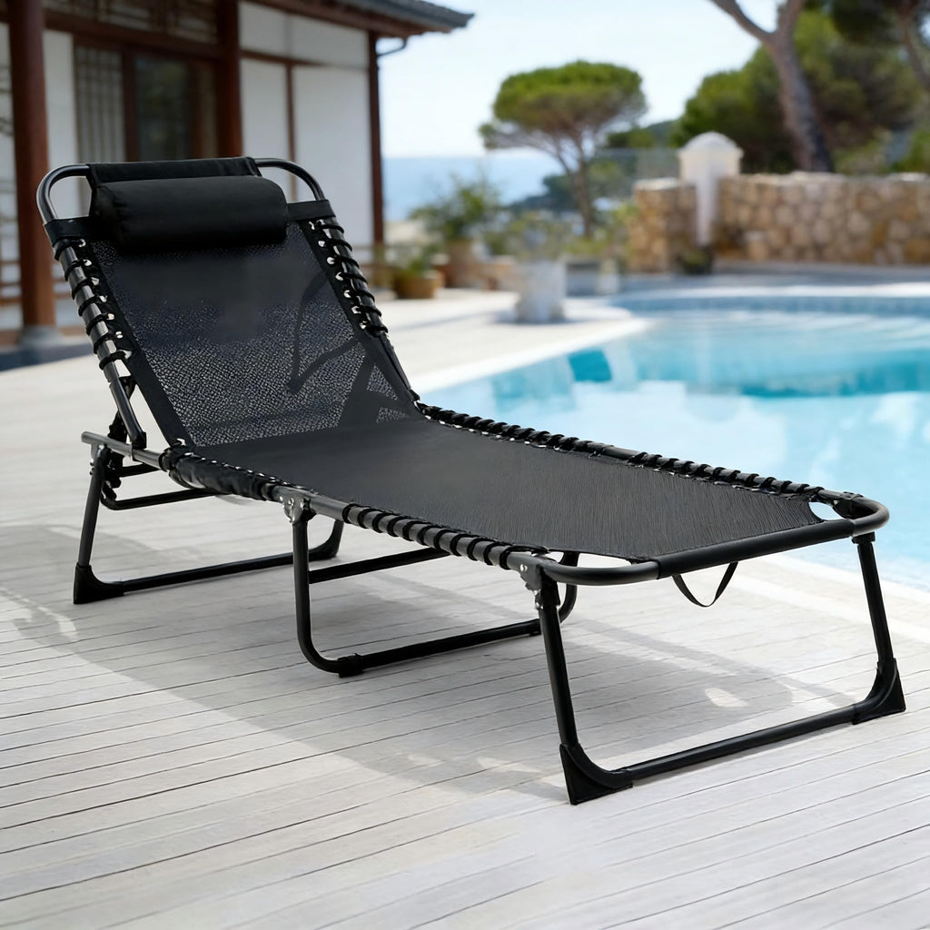 2 Black Adjustable Rattan Pool Lounges