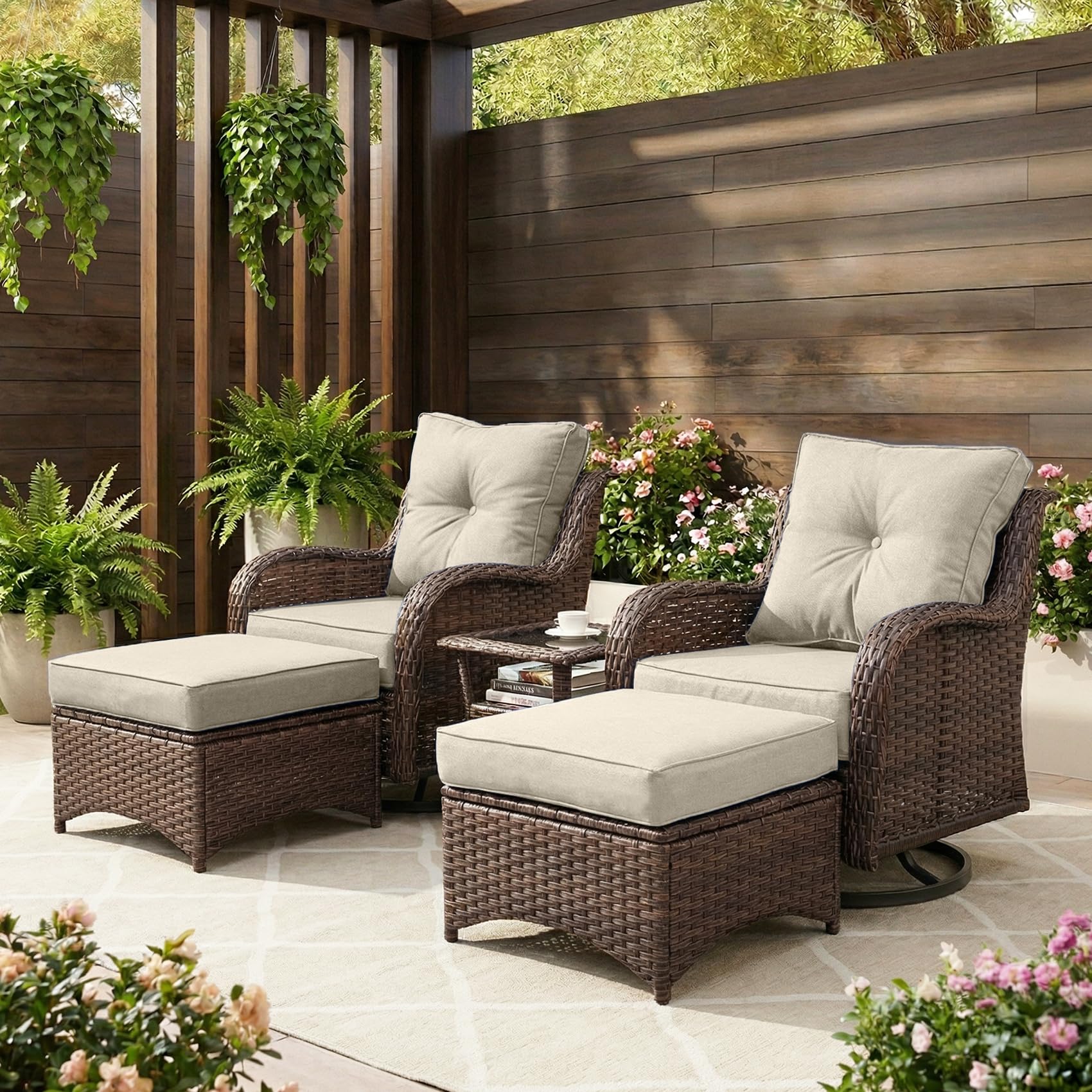 Patio Furniture Set, 3PCS Outdoor Wicker Conversation Set Porch Furniture with 6" Thick Cushions, High Back Swivel Chairs, Weather Resistant Olefin Fabric for Garden, Poolside, Navy Blue