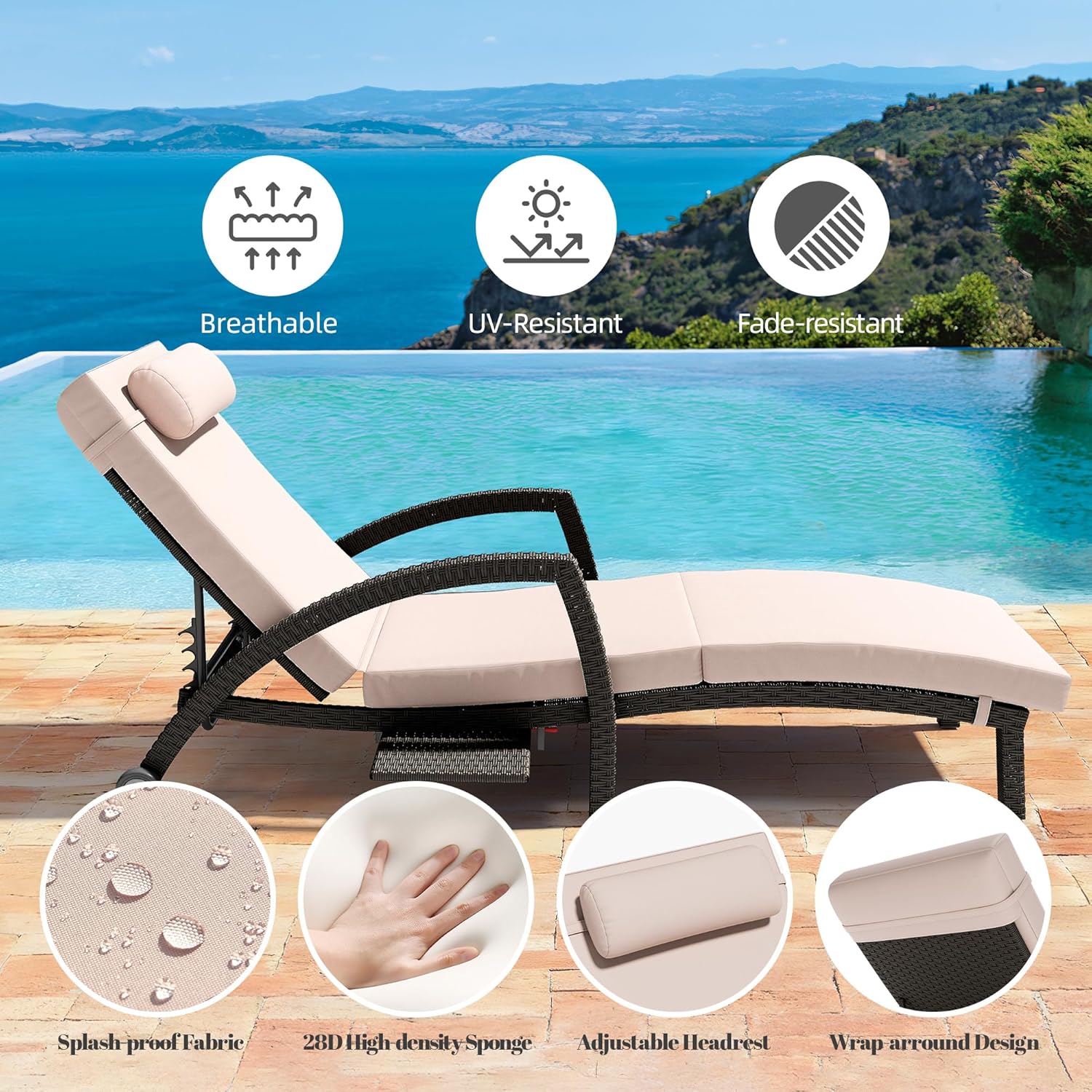 2 Wicker Pool Chaise Lounges with Cushions