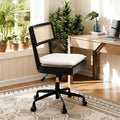 Home Office Desk Chair with Wheels, Ergonomic Computer Task Chair with Rattan Back, Adjustable Height Armless Swivel Chair with Removable Cushion for Small Space, Light Brown