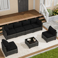 LOUVIXA 7 Piece Outdoor Patio Furniture Set, Rattan Chairs Glass Table Wicker Conversation Seating Sectional Sofa with Cushions (Brown-Navy, 7Pcs-2 Layer Coffee Table)