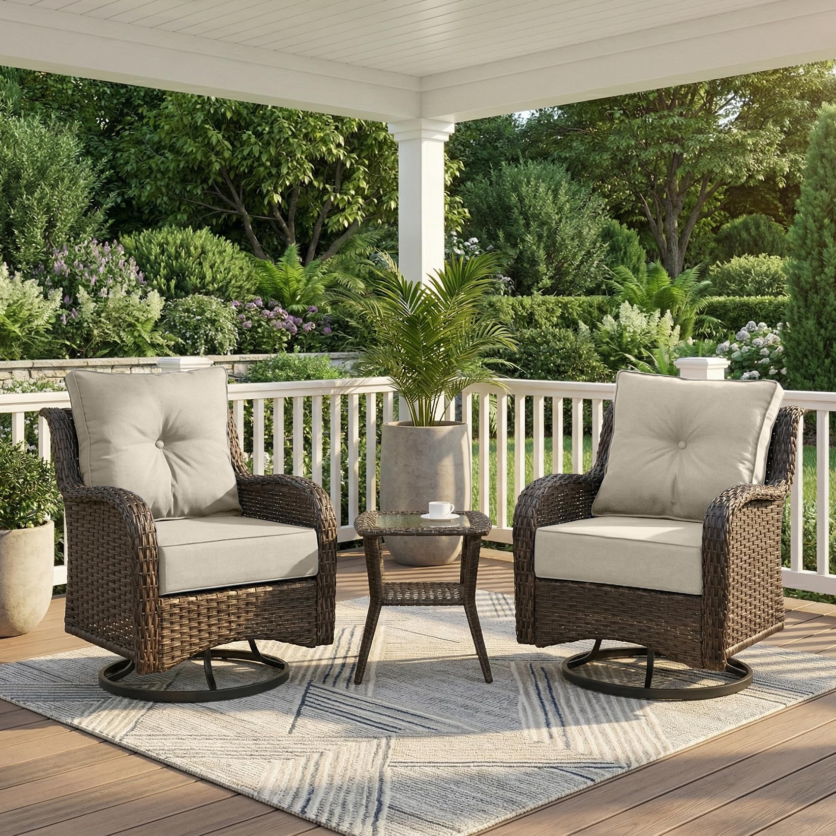 Patio Furniture Set, 3PCS Outdoor Wicker Conversation Set Porch Furniture with 6" Thick Cushions, High Back Swivel Chairs, Weather Resistant Olefin Fabric for Garden, Poolside, Navy Blue